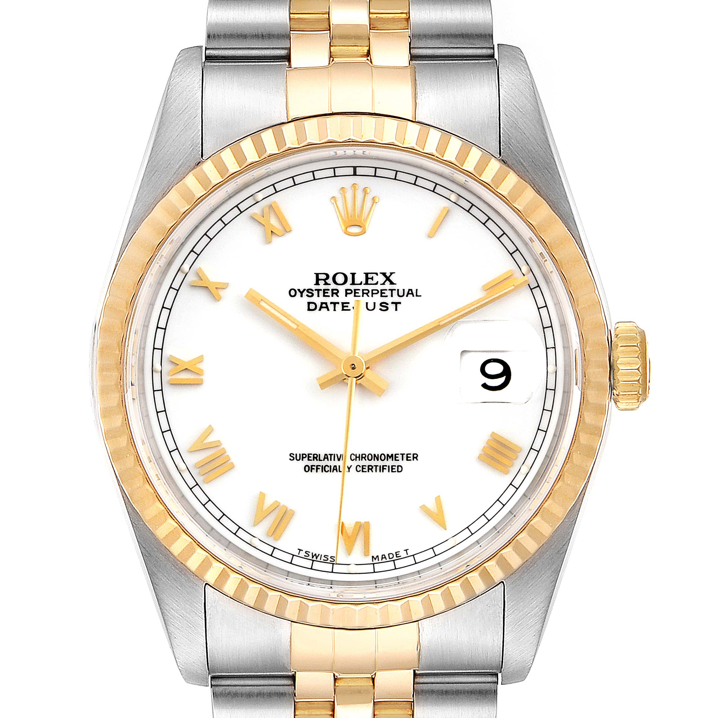 The image shows a front view of a Rolex Datejust 16233 Men's Steel and Gold (two tone) White Dial 16233 Men's Steel and Gold (two tone) White Dial watch, highlighting the dial, bezel, bracelet, and crown.