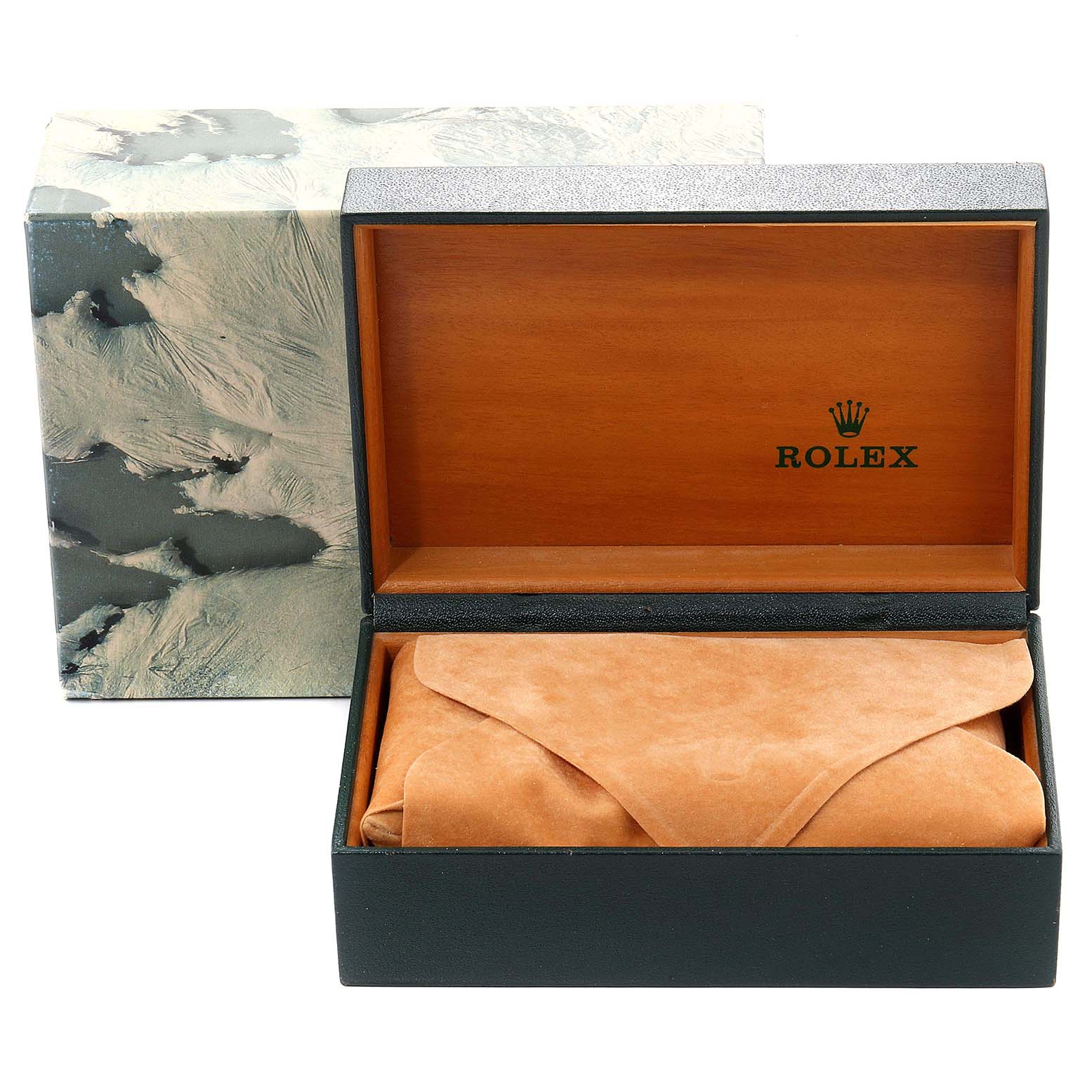 The image shows an open box for a Rolex Datejust 16233 Men's Steel and Gold (two tone) White Dial 16233 Men's Steel and Gold (two tone) White Dial watch with an outer sleeve and the inner box containing a wrapped package.