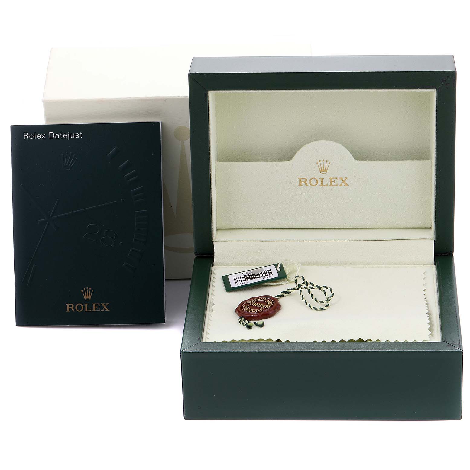 The image shows an open Rolex Turn-o-Graph 116264 Men's Stainless Steel Black Dial 116264 Men's Stainless Steel Black Dial watch box with a booklet, a tag, and a cloth inside.