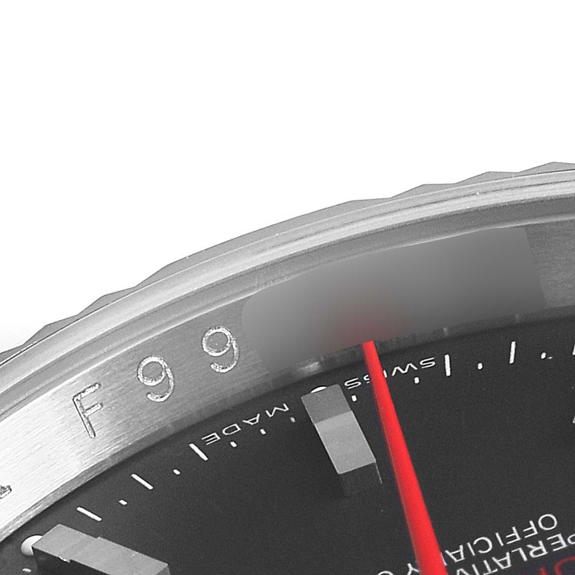The image shows a close-up of the bezel and part of the dial of a Rolex Turn-o-Graph 116264 Men's Stainless Steel Black Dial 116264 Men's Stainless Steel Black Dial watch.