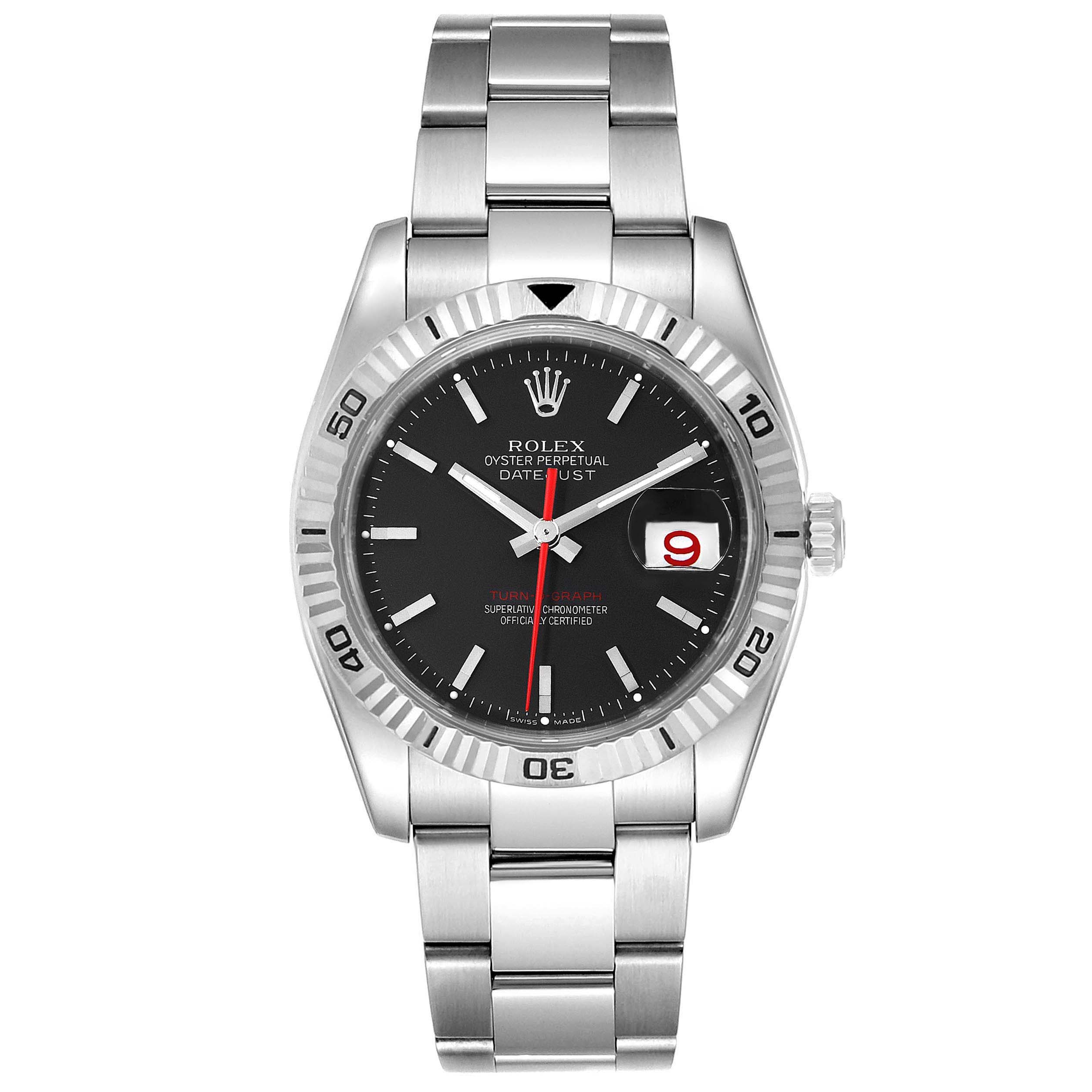 The image shows a front view of a Rolex Turn-o-Graph 116264 Men's Stainless Steel Black Dial 116264 Men's Stainless Steel Black Dial watch, displaying the dial, bezel, bracelet, and crown.