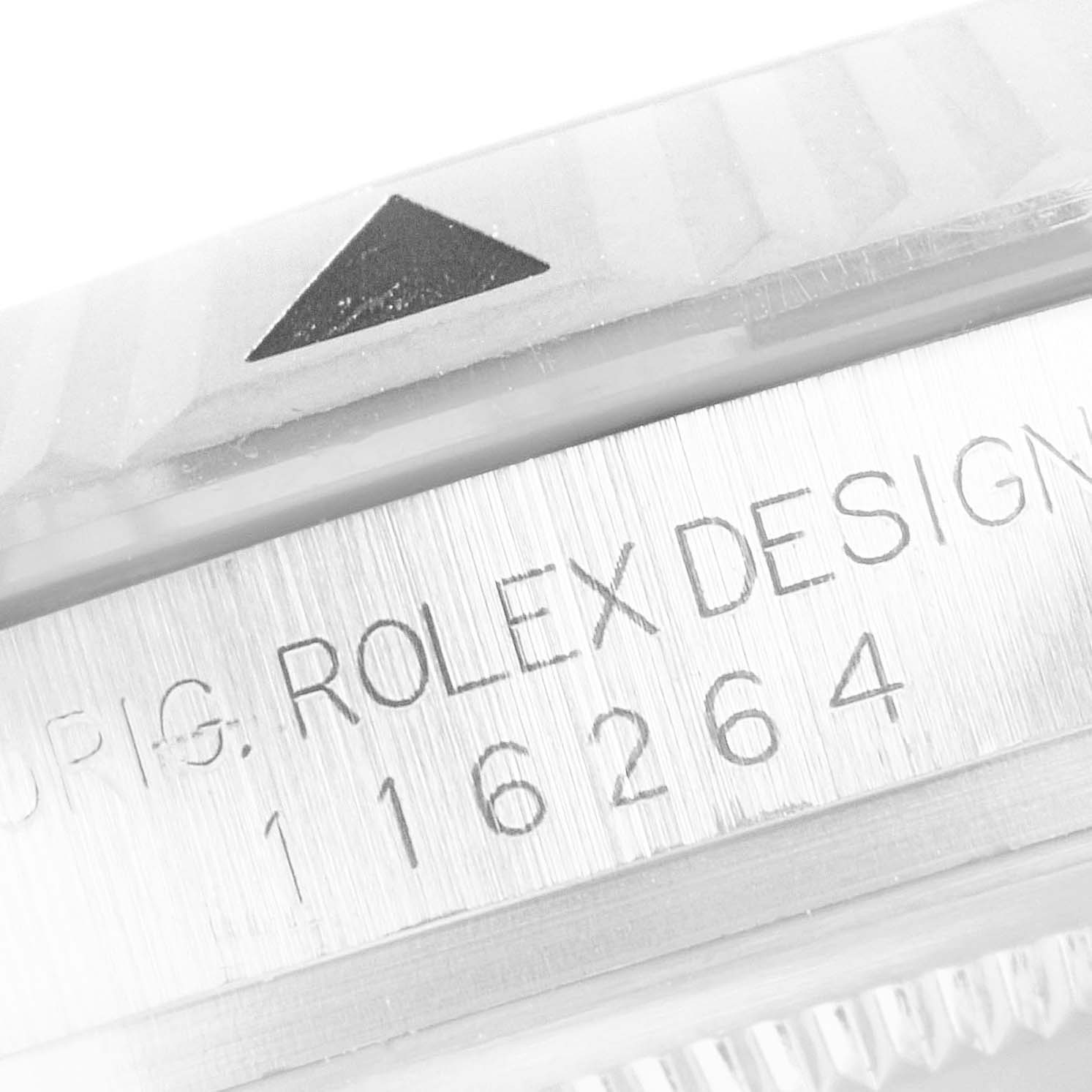 The image shows a close-up of the bezel and engraved side of the Rolex Turn-o-Graph 116264 Men's Stainless Steel Black Dial 116264 Men's Stainless Steel Black Dial watch, displaying the model number and the "Rolex Design" text.