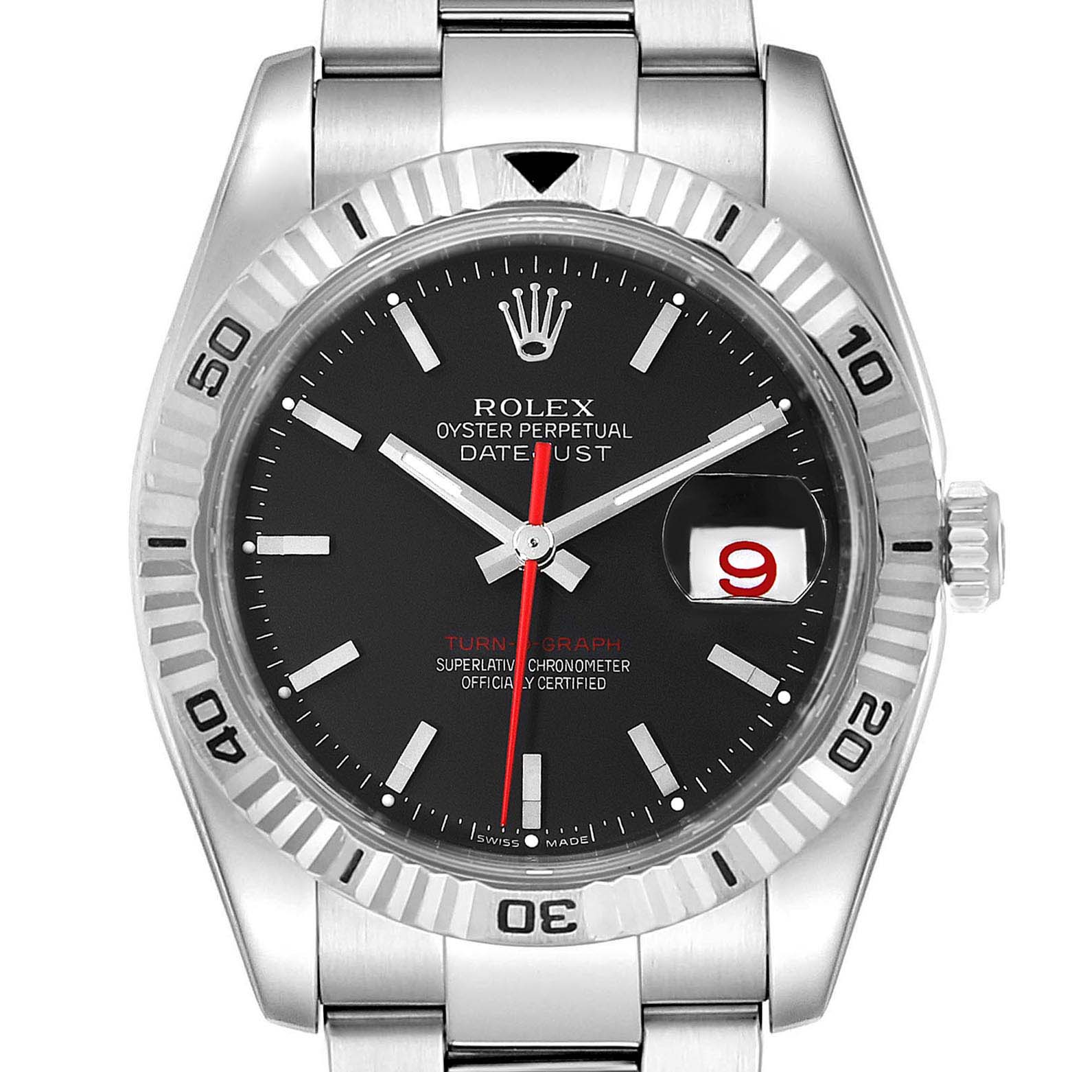 The image shows a Rolex Turn-o-Graph 116264 Men's Stainless Steel Black Dial 116264 Men's Stainless Steel Black Dial watch from a front view, highlighting the black dial, date window, and rotating bezel.