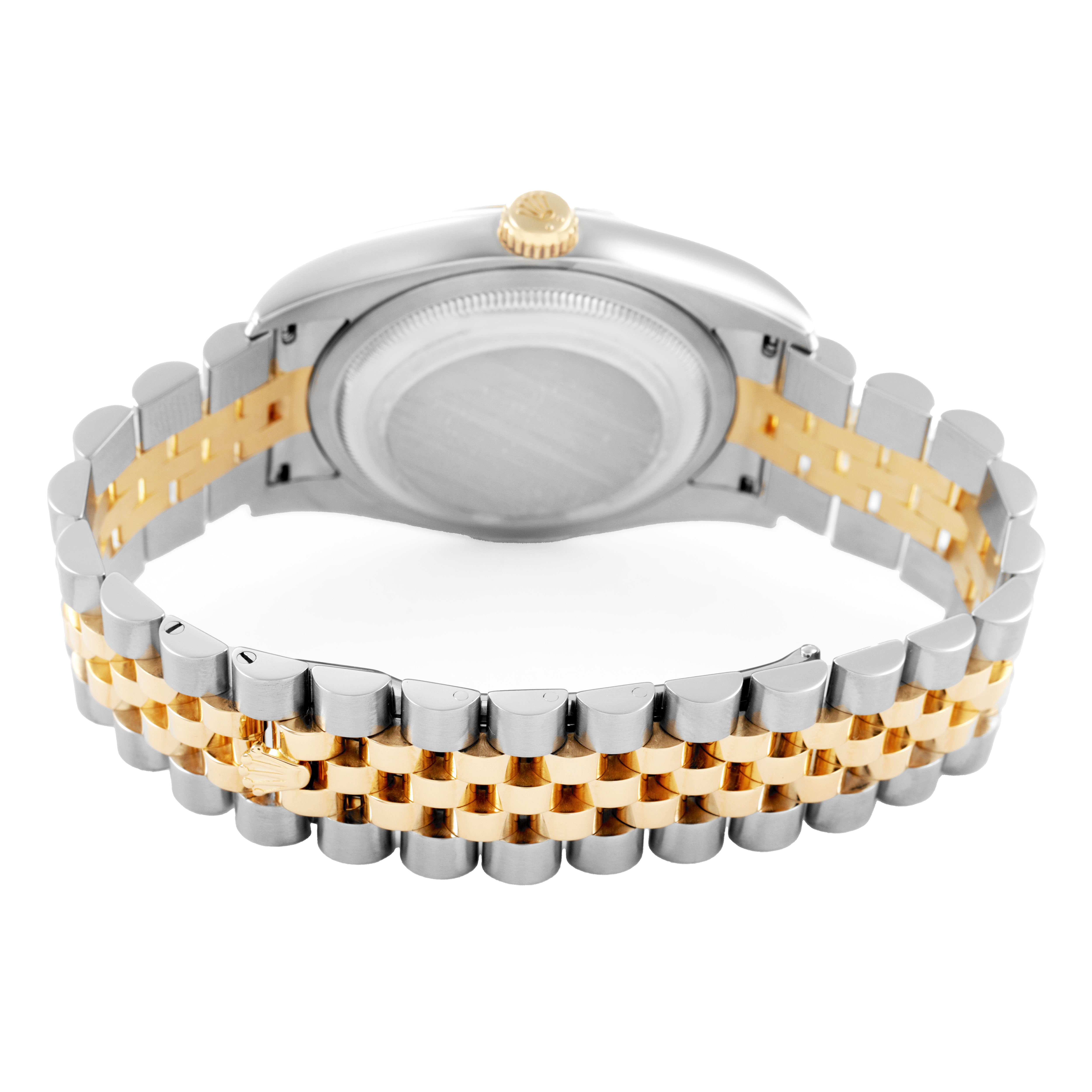 The image shows the back view of the Rolex Turn-o-Graph 116263 Men's Steel and Gold (two tone) Champagne Dial, highlighting its two-tone bracelet and case back.