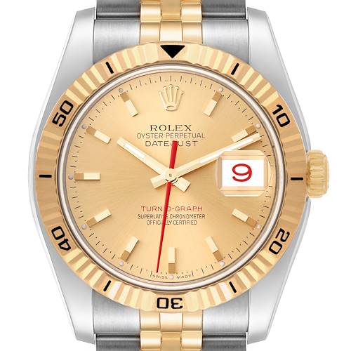 The Rolex Turn-o-Graph 116263 Men's Steel and Gold (two tone) Champagne Dial watch is shown from the front, displaying its gold bezel, dial, and two-tone bracelet.