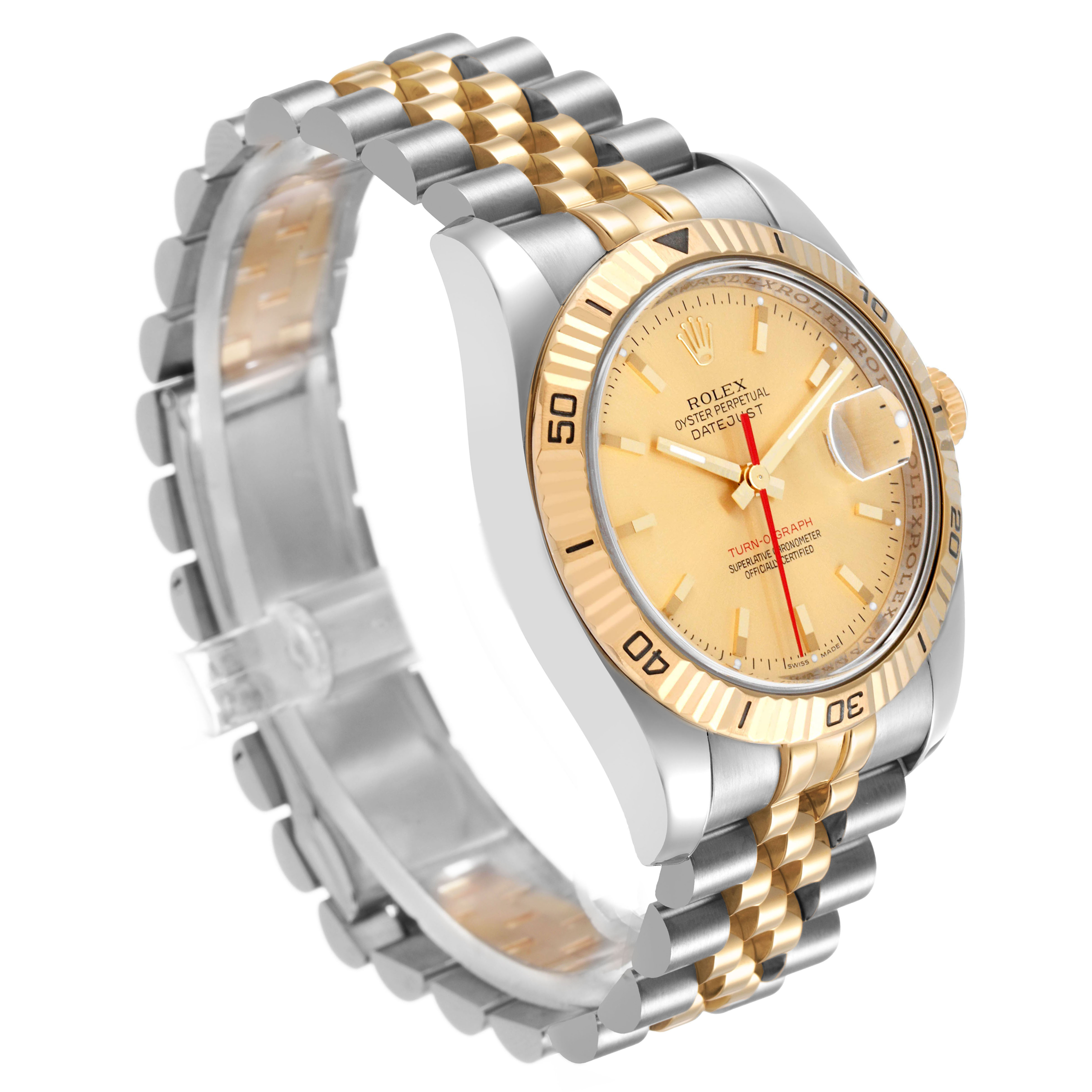 The Rolex Turn-o-Graph 116263 Men's Steel and Gold (two tone) Champagne Dial watch is shown at a three-quarter view highlighting the dial, bezel, jubilee bracelet, and part of the casing.