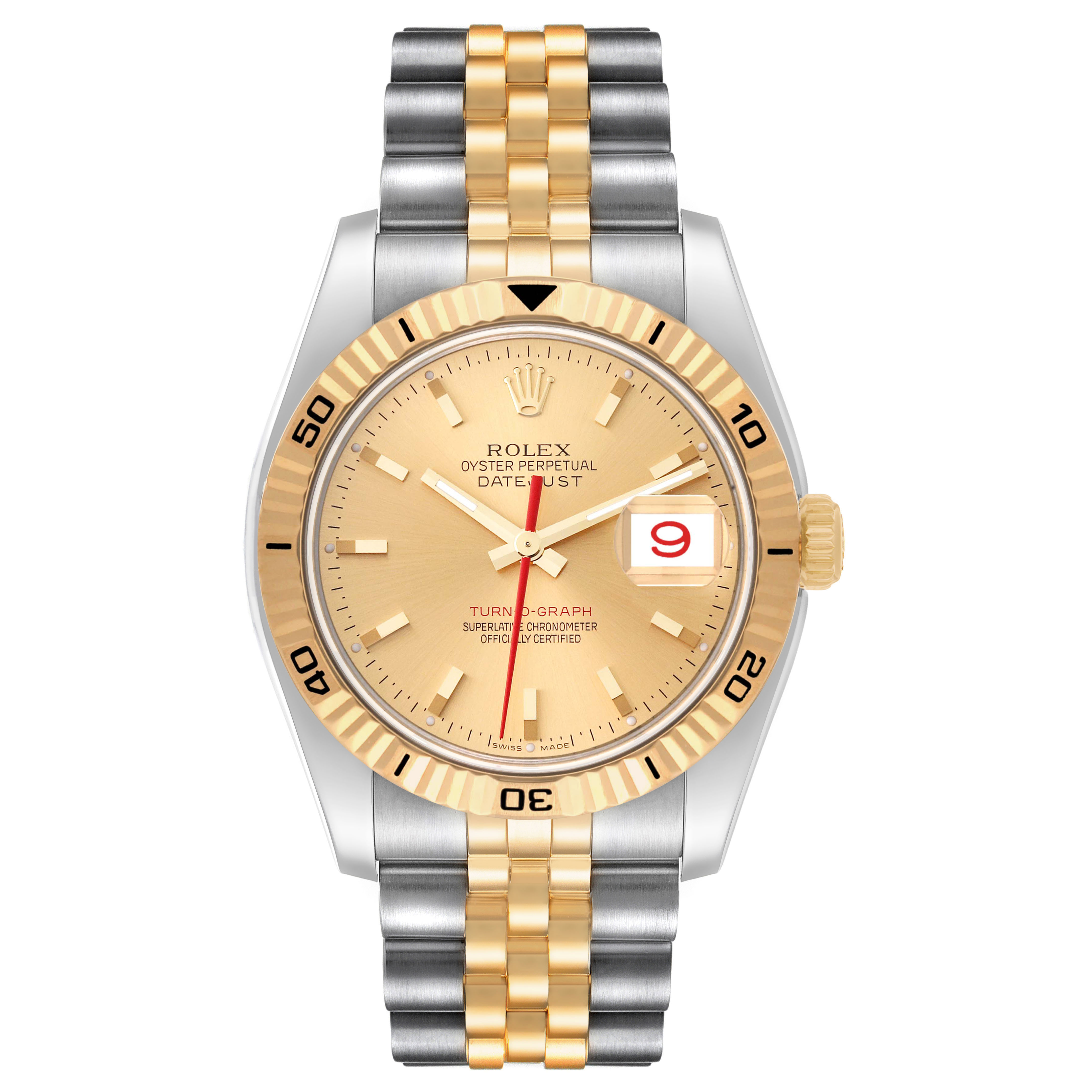 The Rolex Turn-o-Graph 116263 Men's Steel and Gold (two tone) Champagne Dial model is shown from the front, displaying its gold bezel, two-tone bracelet, and dial with a date feature.