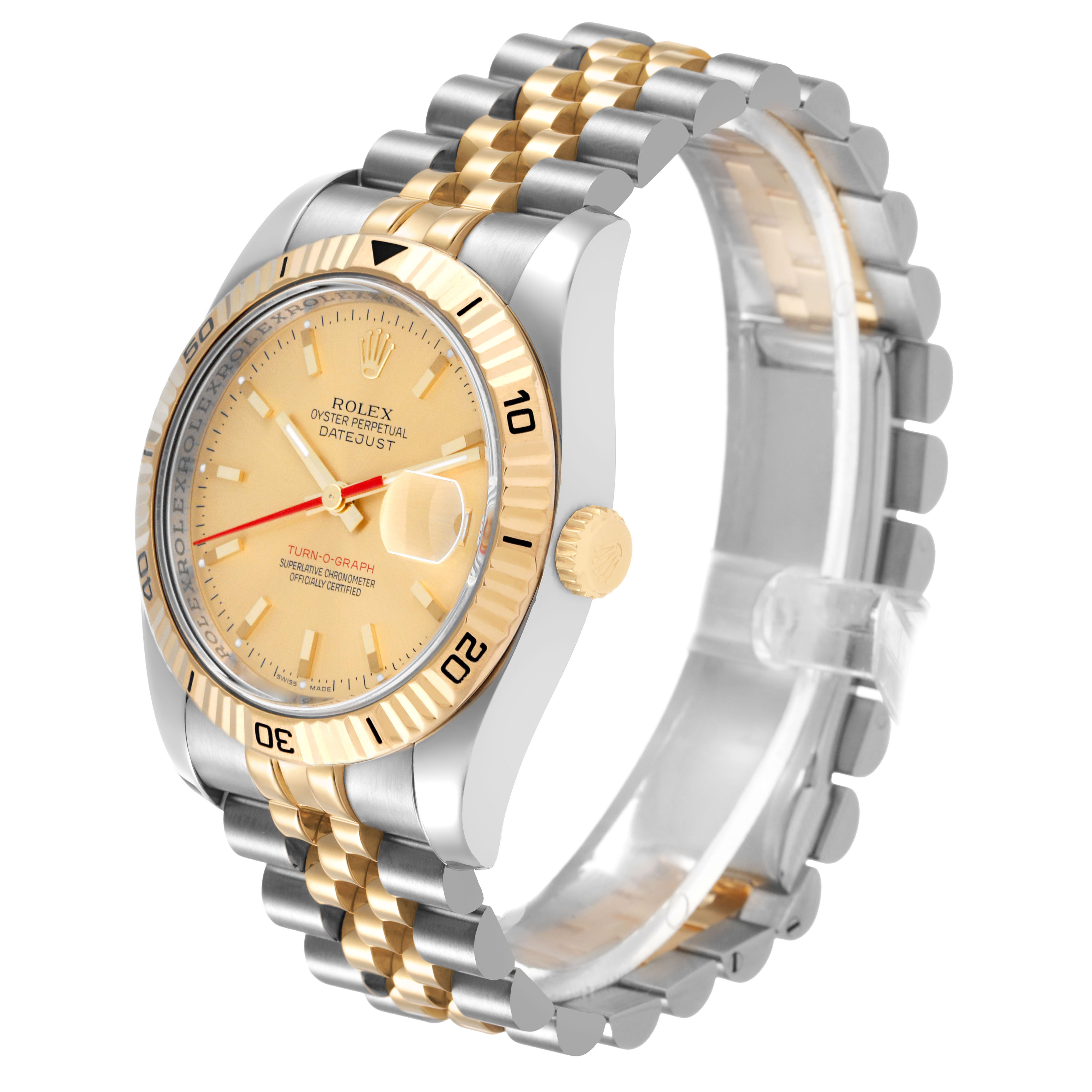 The Rolex Turn-o-Graph 116263 Men's Steel and Gold (two tone) Champagne Dial watch is shown at a 3/4 angle, displaying its gold bezel, dial, crown, and two-tone bracelet.
