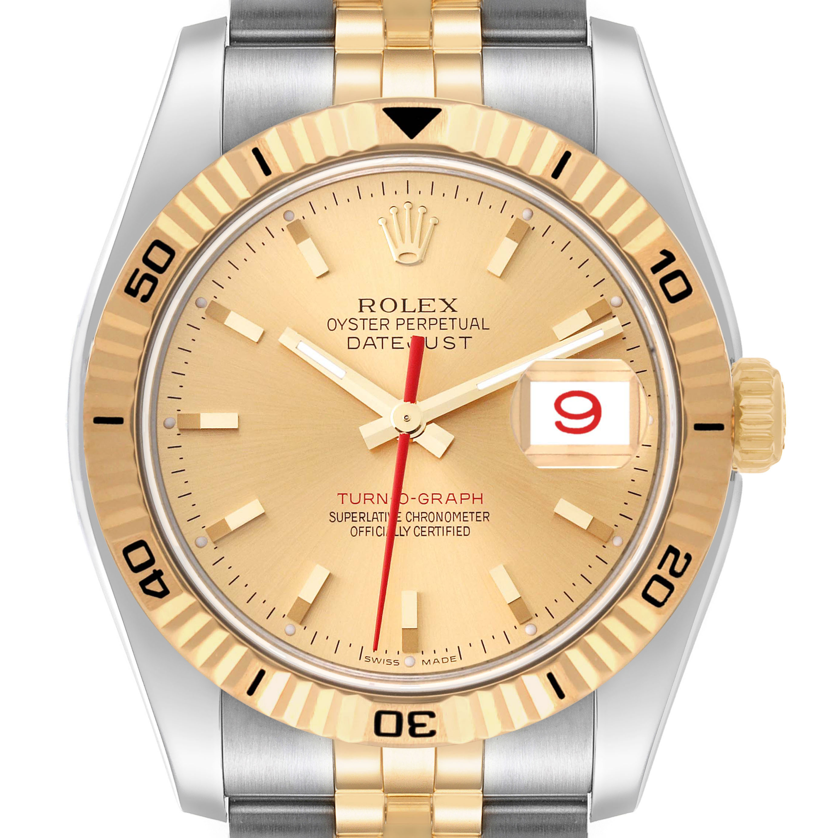 The Rolex Turn-o-Graph 116263 Men's Steel and Gold (two tone) Champagne Dial watch is shown from a front angle, highlighting the dial, bezel, and part of the bracelet.