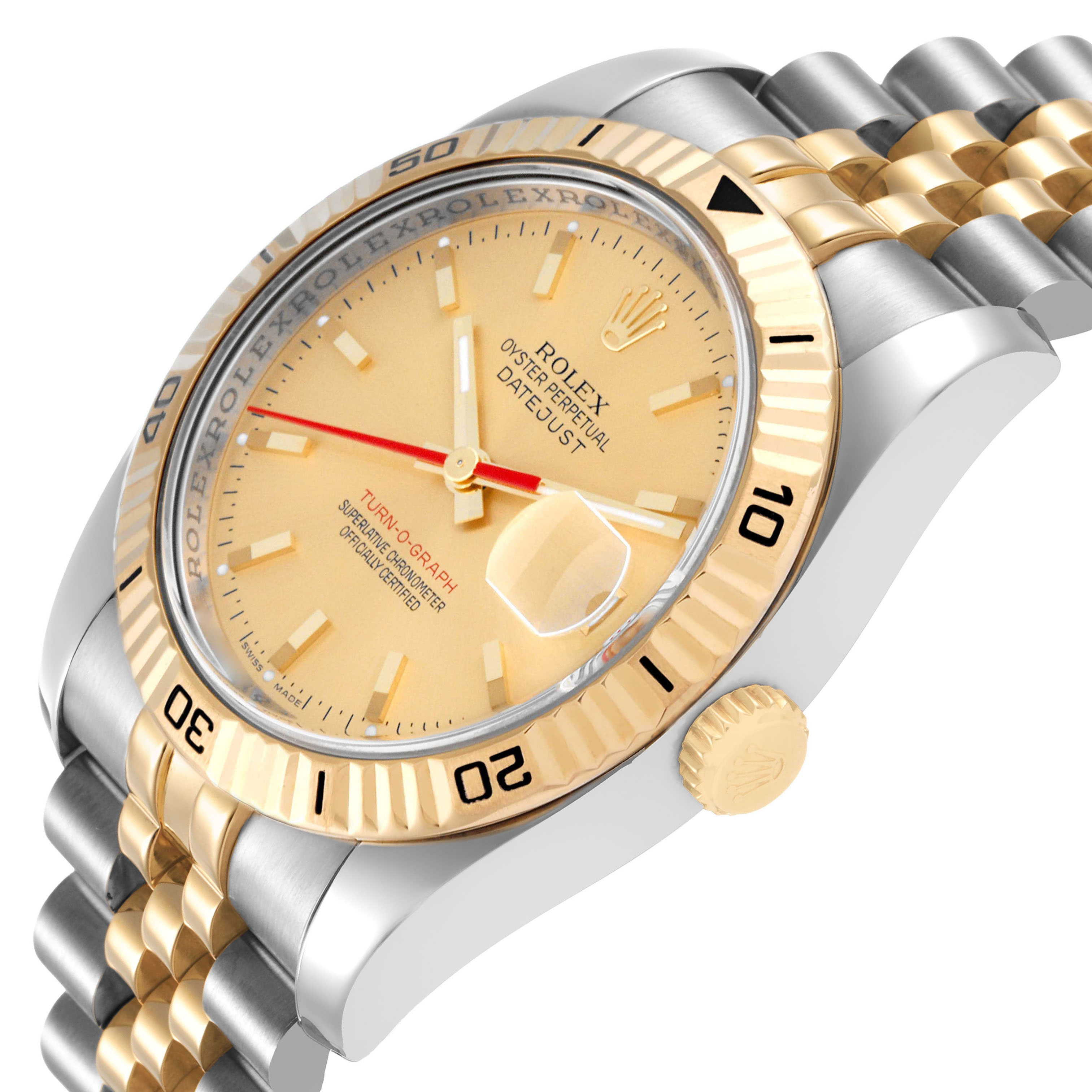 The Rolex Turn-o-Graph 116263 Men's Steel and Gold (two tone) Champagne Dial watch is shown at an angled side view, highlighting the bezel, dial, and part of the bracelet.