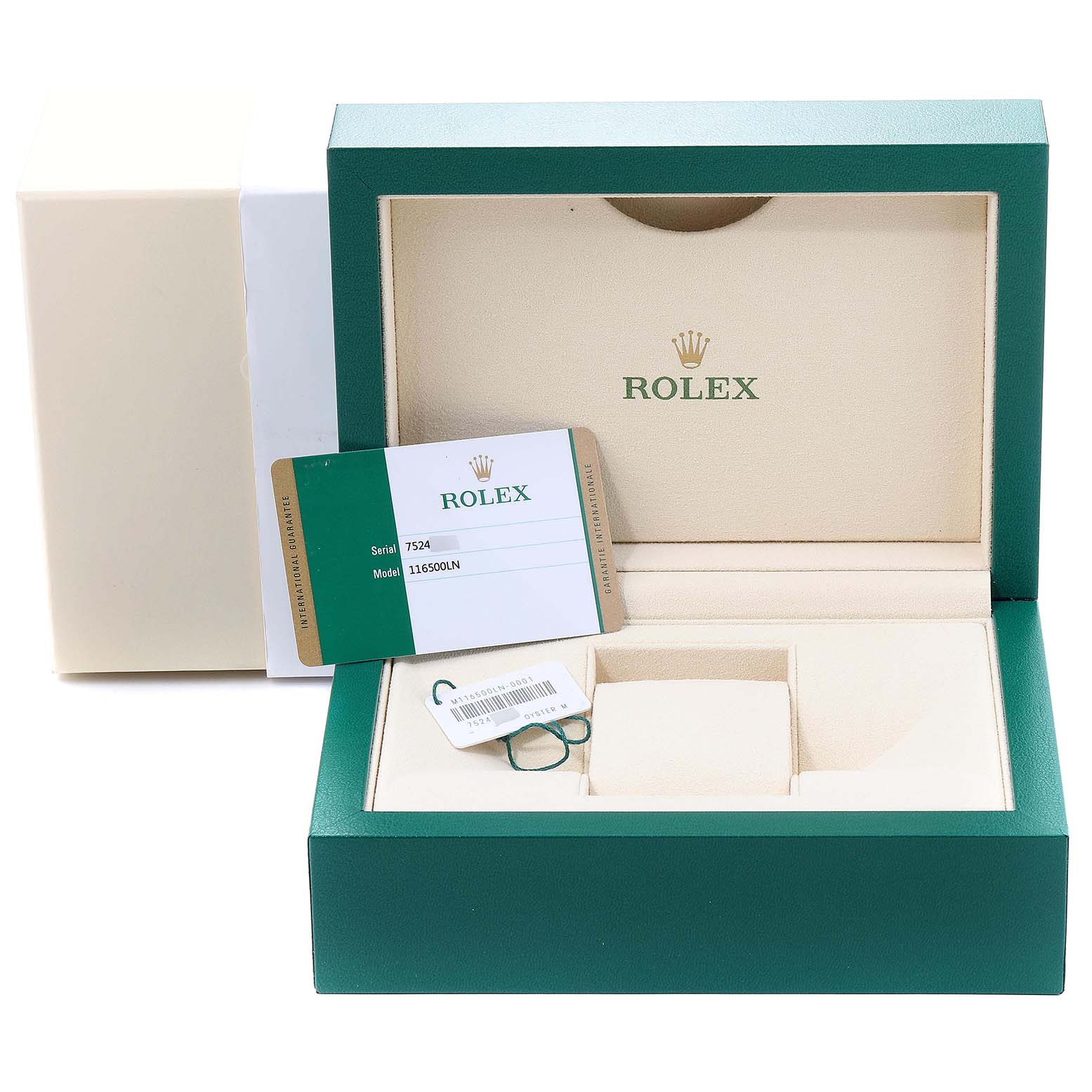 The image shows an open Rolex Daytona 116500 Men's Stainless Steel White Dial 116500 Men's Stainless Steel White Dial watch box with a warranty card, tags, and compartments, viewed from the front.