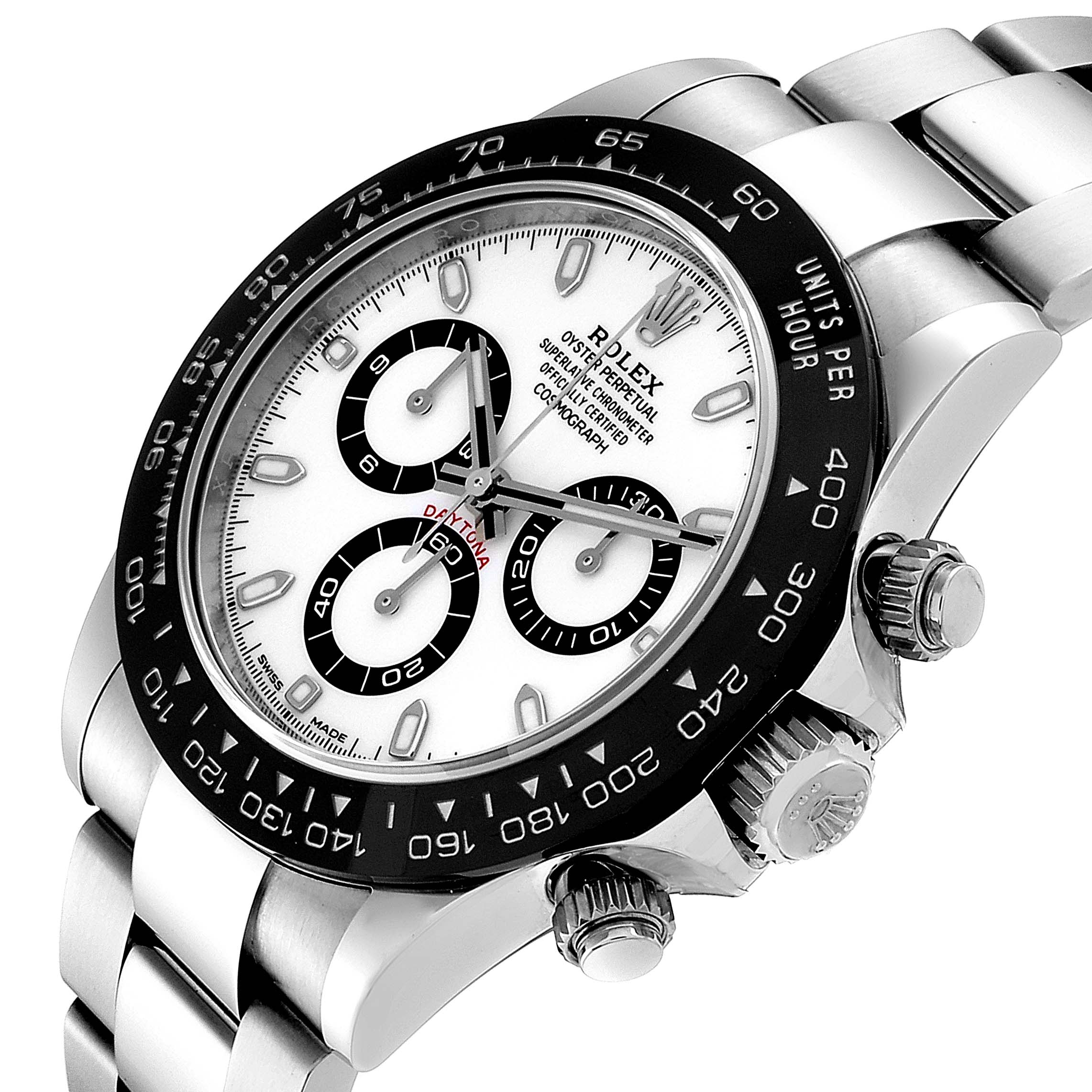 This image shows a Rolex Daytona 116500 Men's Stainless Steel White Dial 116500 Men's Stainless Steel White Dial watch at an angle, highlighting the dial, bezel, and crown.