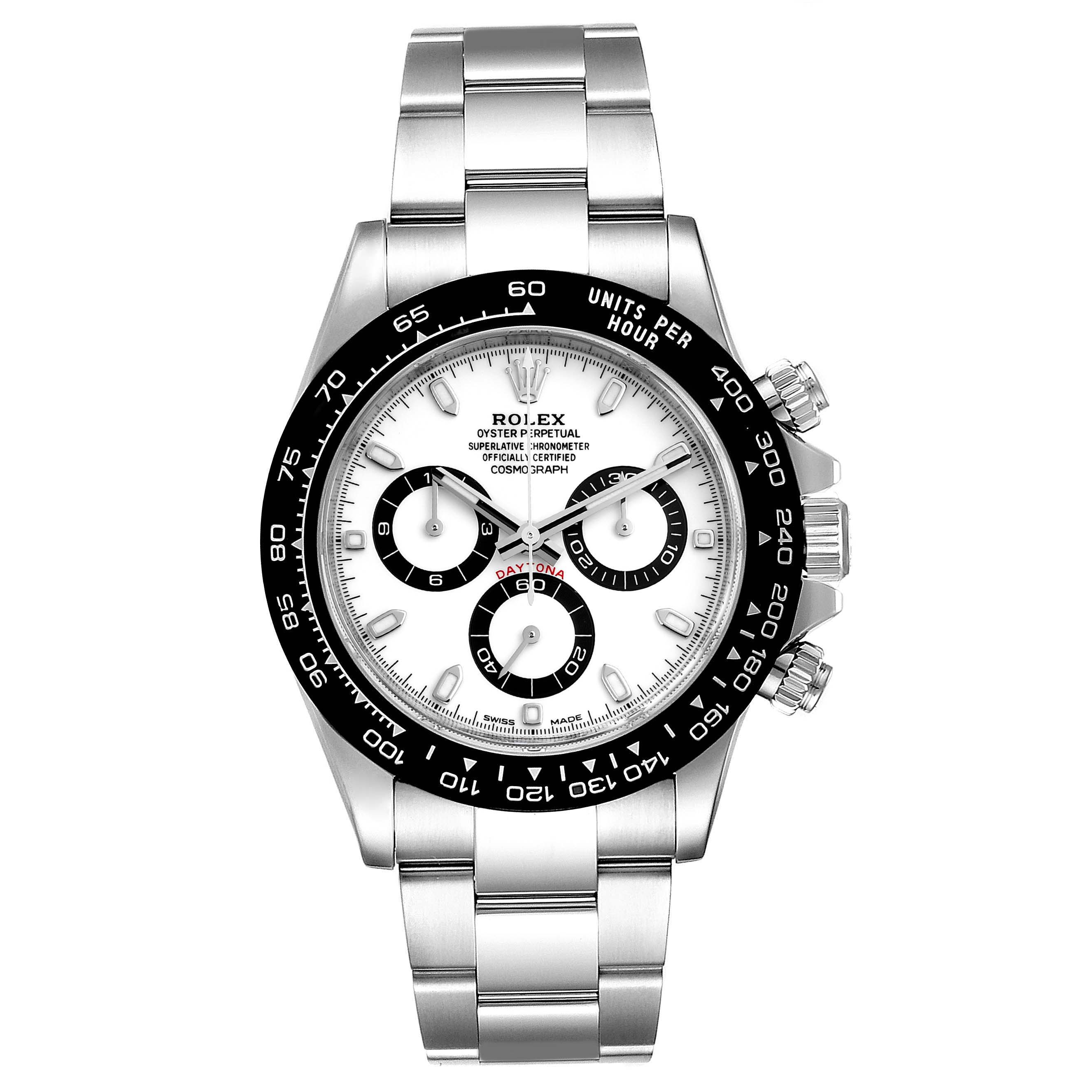 This image shows a front view of the Rolex Daytona 116500 Men's Stainless Steel White Dial 116500 Men's Stainless Steel White Dial watch, highlighting its bezel, dial, subdials, and bracelet.