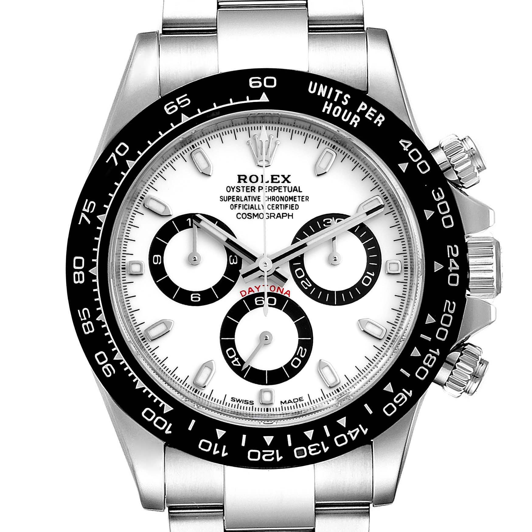 This image shows a front view of the Rolex Daytona 116500 Men's Stainless Steel White Dial 116500 Men's Stainless Steel White Dial watch, highlighting the dial, bezel, and bracelet.