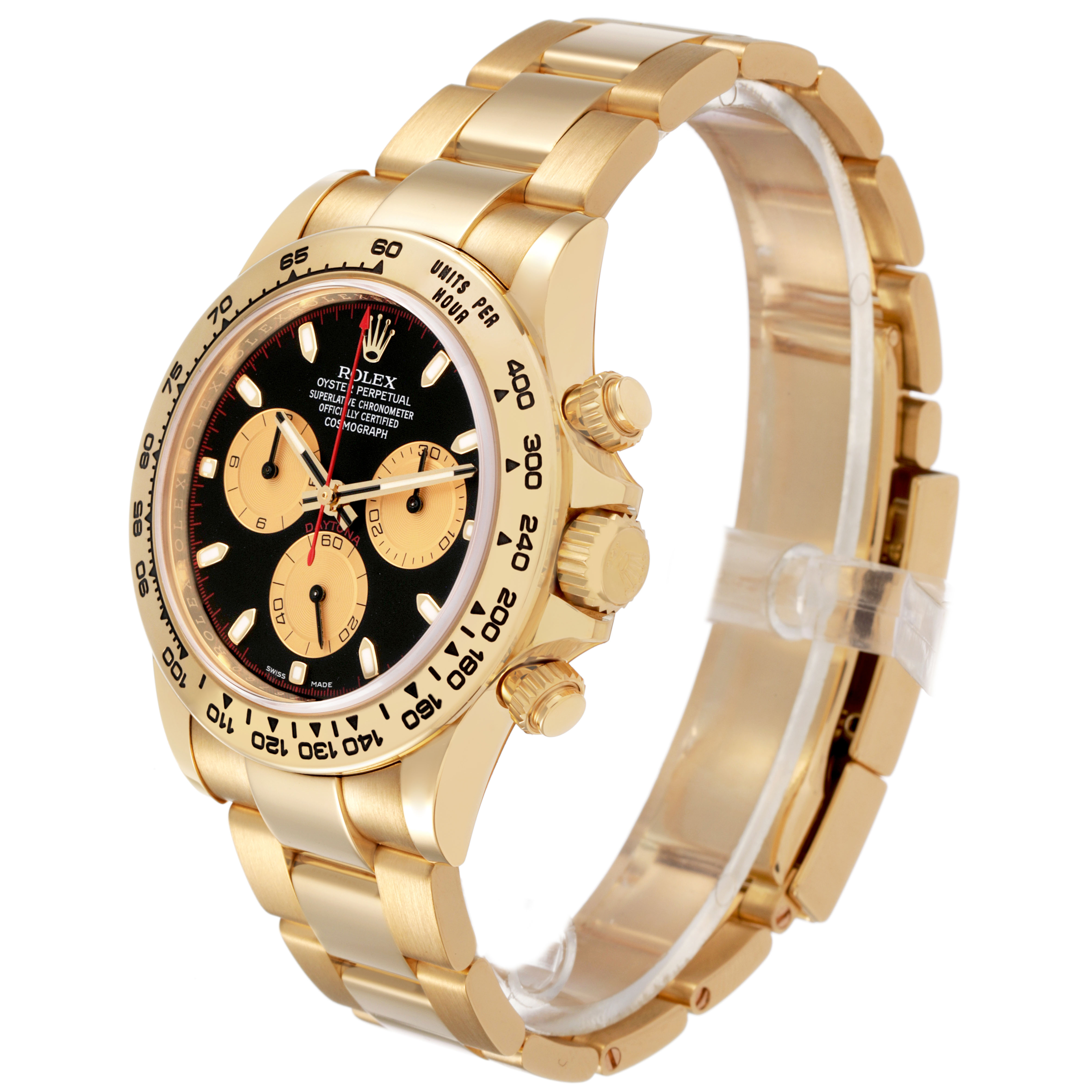 The Rolex Daytona 116508 Men's Yellow Gold Black Dial watch is shown at a three-quarter angle, highlighting the face, bezel, and bracelet.
