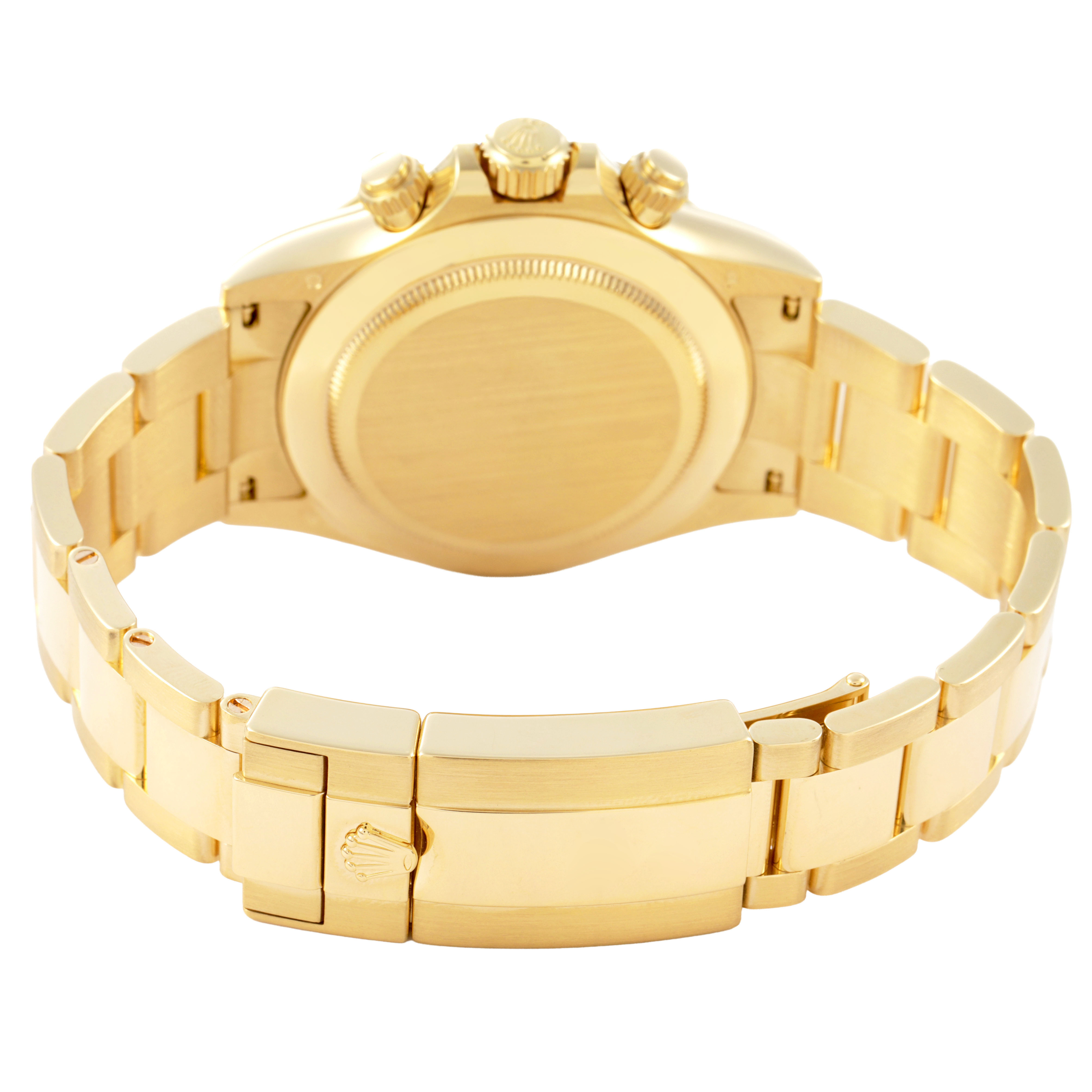 The image shows the back and bracelet of a Rolex Daytona 116508 Men's Yellow Gold Black Dial, highlighting the clasp and watch case.