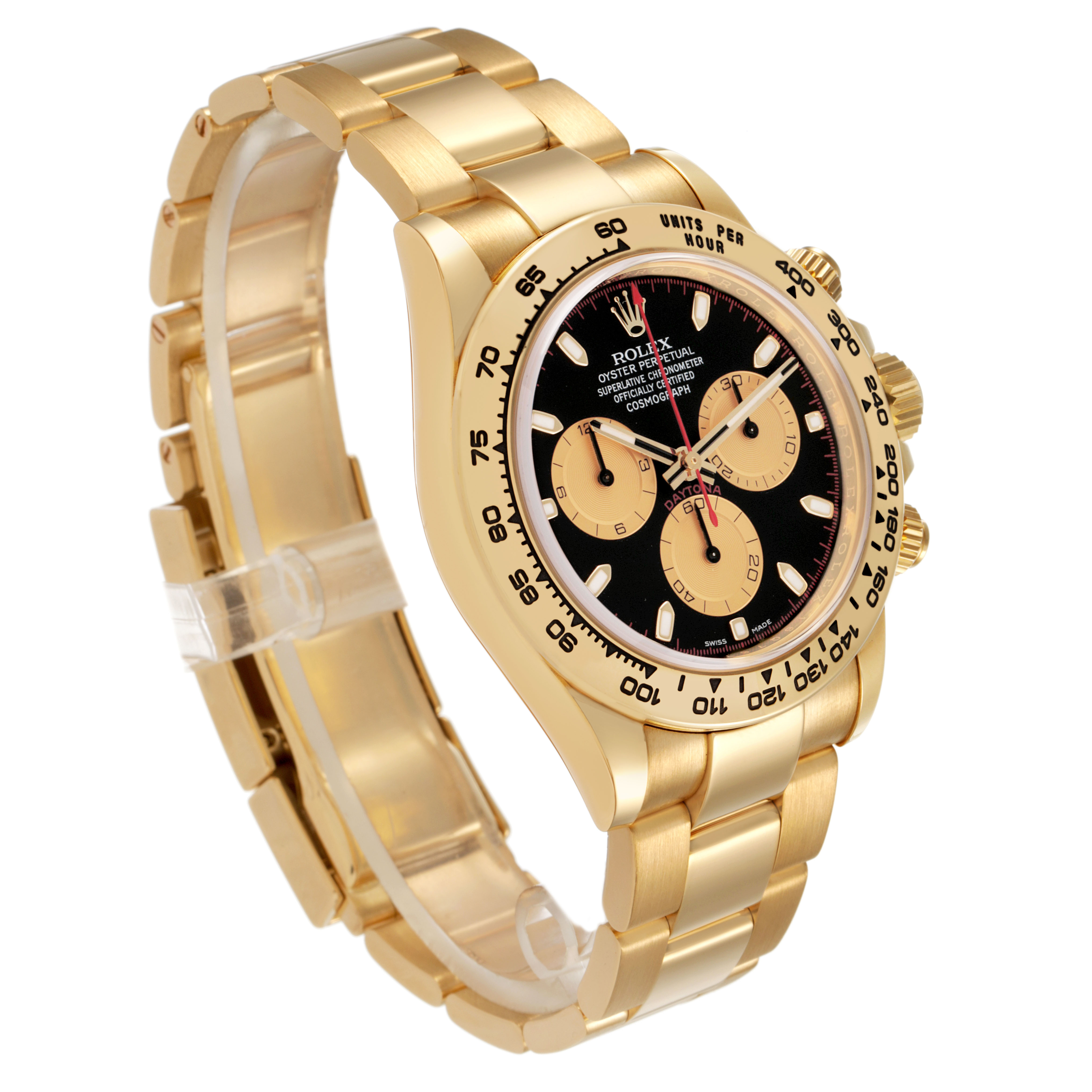 The Rolex Daytona 116508 Men's Yellow Gold Black Dial watch is shown at a three-quarter angle displaying its bezel, bracelet, and dial clearly.