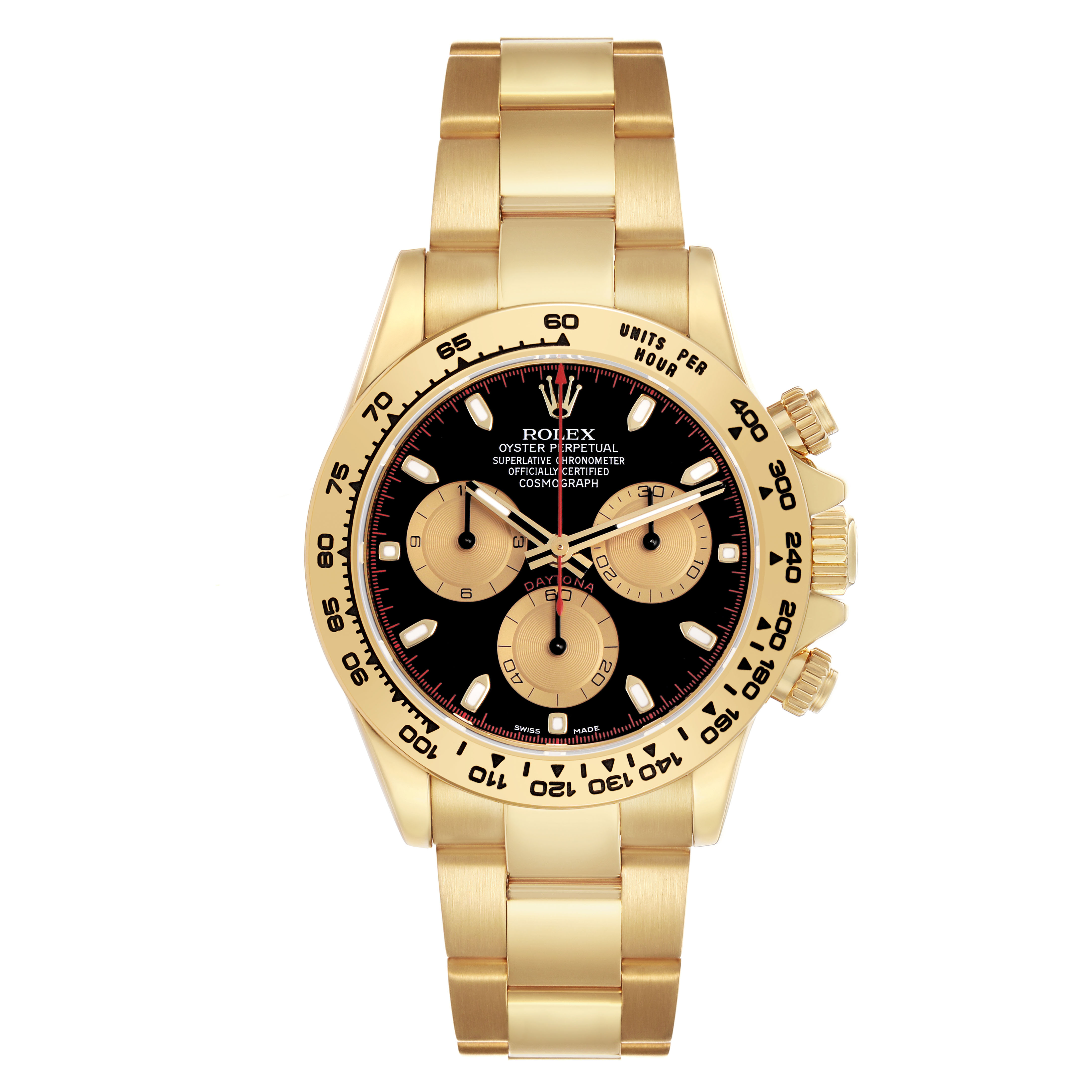 The Rolex Daytona 116508 Men's Yellow Gold Black Dial watch is shown from a top-down angle, highlighting its bezel, dial, subdials, and bracelet.