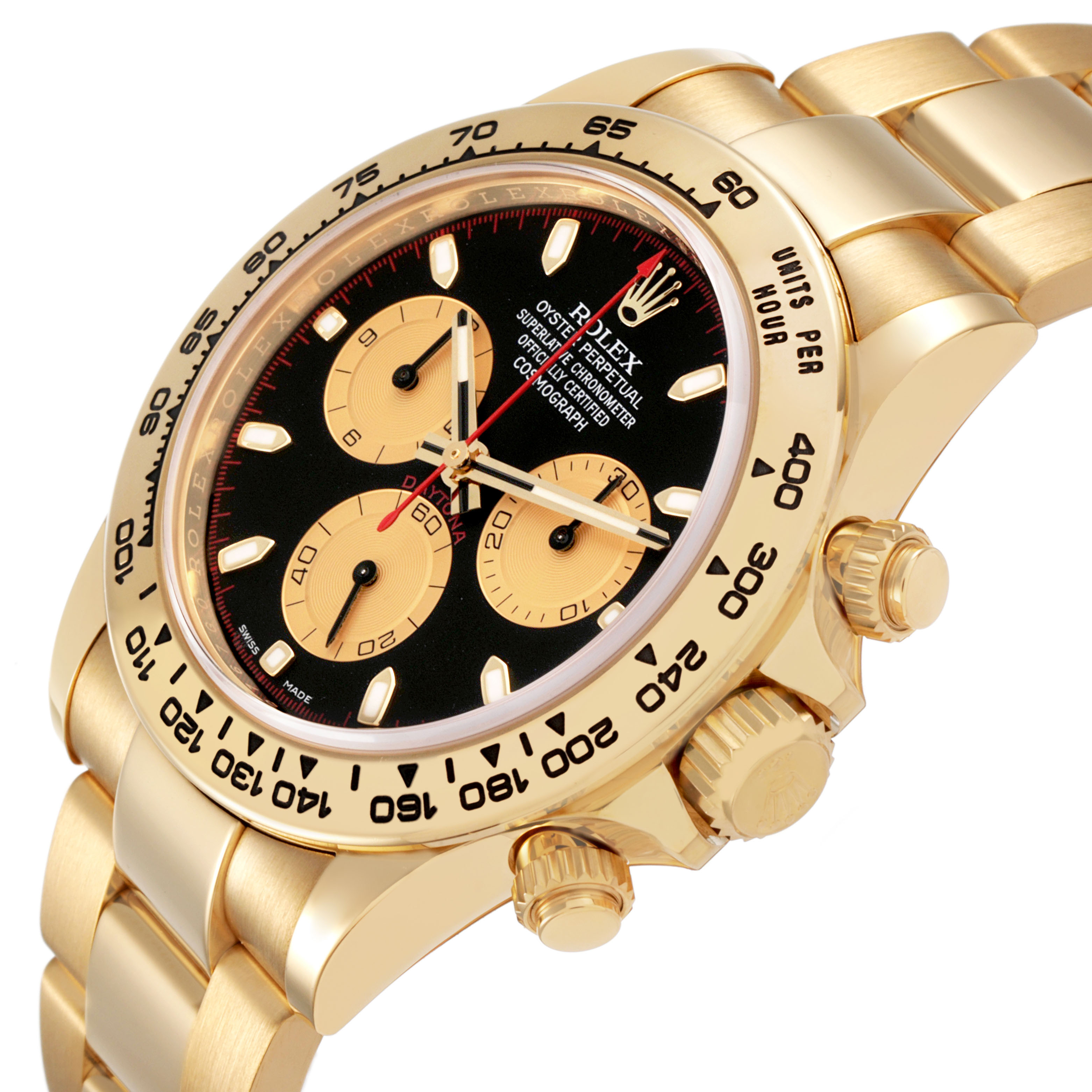 The Rolex Daytona 116508 Men's Yellow Gold Black Dial watch is shown at a three-quarter angle, highlighting the dial, bezel, and side buttons.
