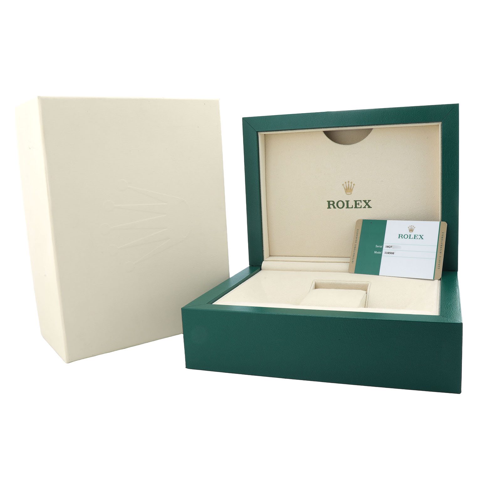 The image shows an open Rolex Daytona 116508 Men's Yellow Gold Black Dial box with a guarantee card, displaying the interior packaging.