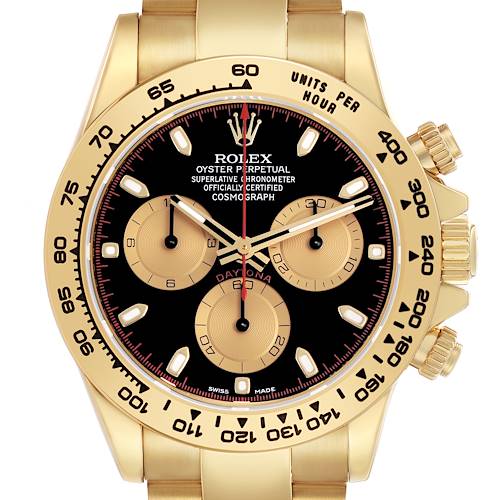 The Rolex Daytona 116508 Men's Yellow Gold Black Dial watch is shown from the front, displaying the dial, bezel, subdials, and crown.