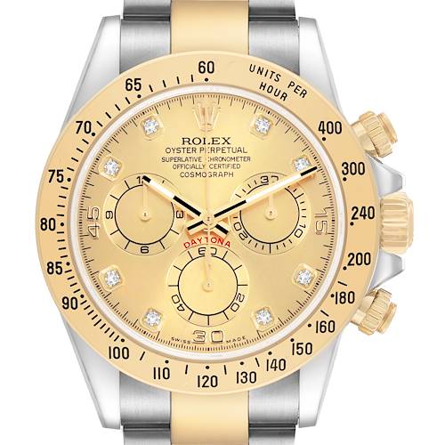 The Rolex Daytona 116523 Men's Steel and Gold (two tone) Champagne Dial watch is shown from the front, featuring its gold dial, diamond hour markers, subdials, and tachymetric bezel.