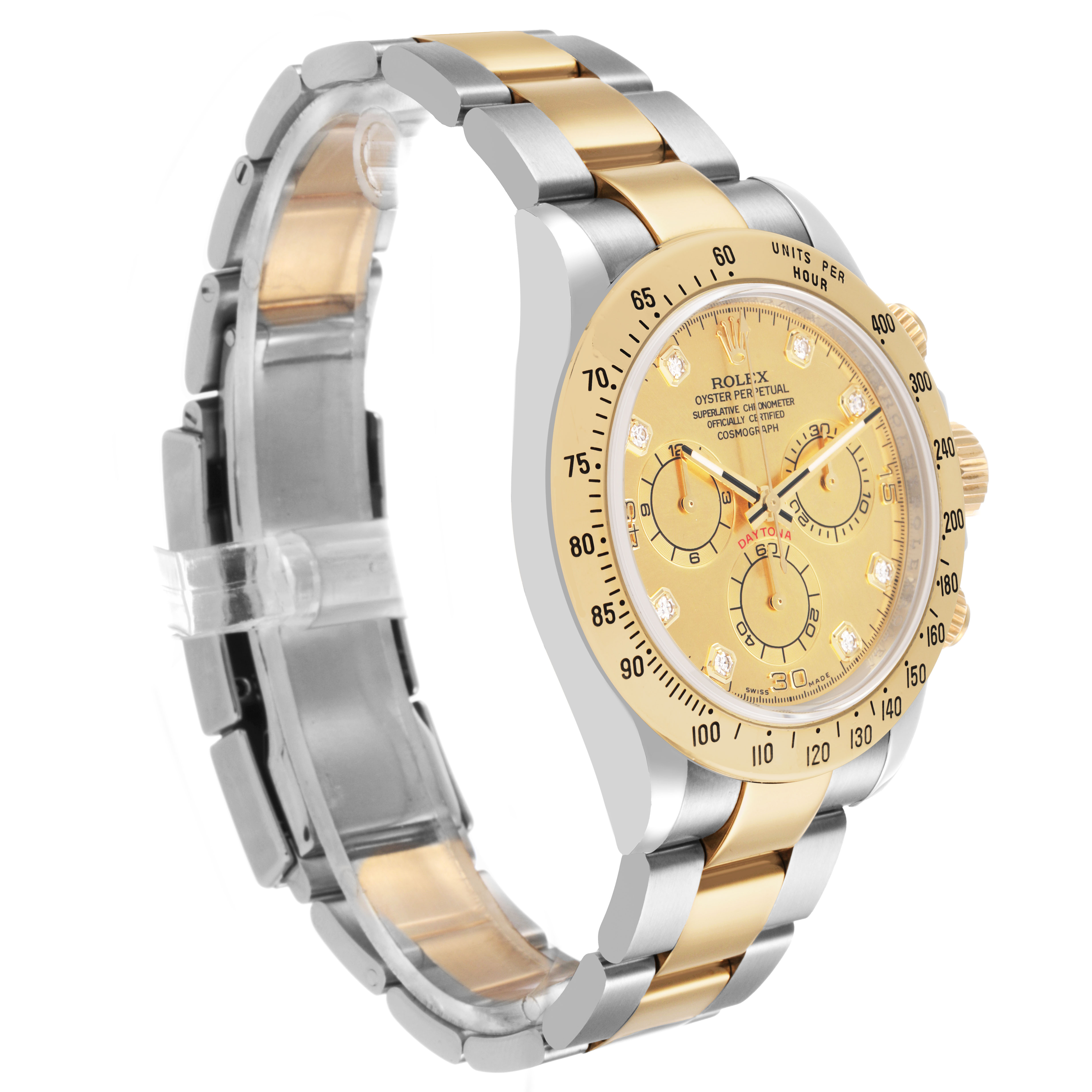 The Rolex Daytona 116523 Men's Steel and Gold (two tone) Champagne Dial watch is shown at a side angle, displaying the face, bezel, case, and two-tone bracelet.