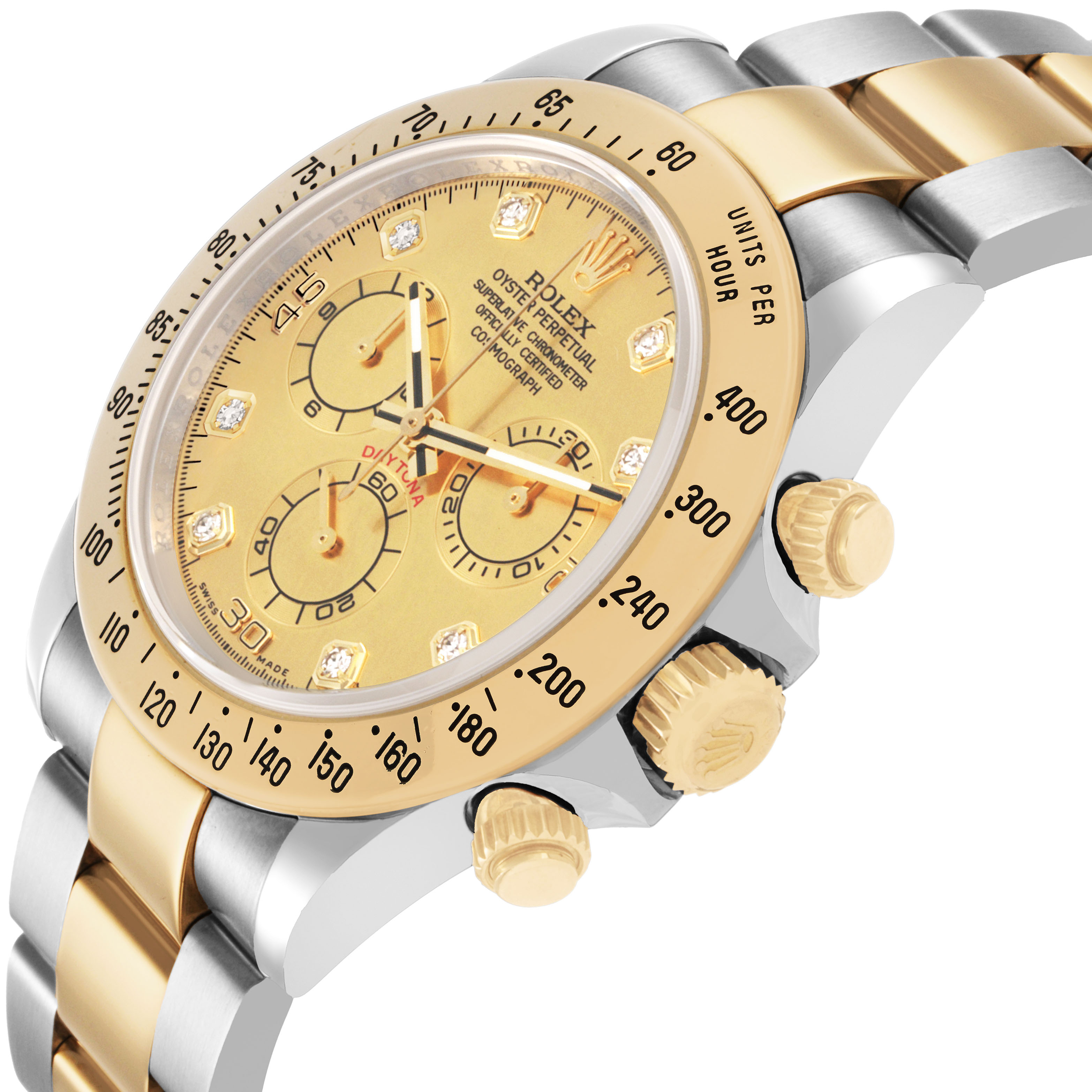 The Rolex Daytona 116523 Men's Steel and Gold (two tone) Champagne Dial watch is shown at an angle highlighting the face, crown, and bezel in gold and stainless steel.