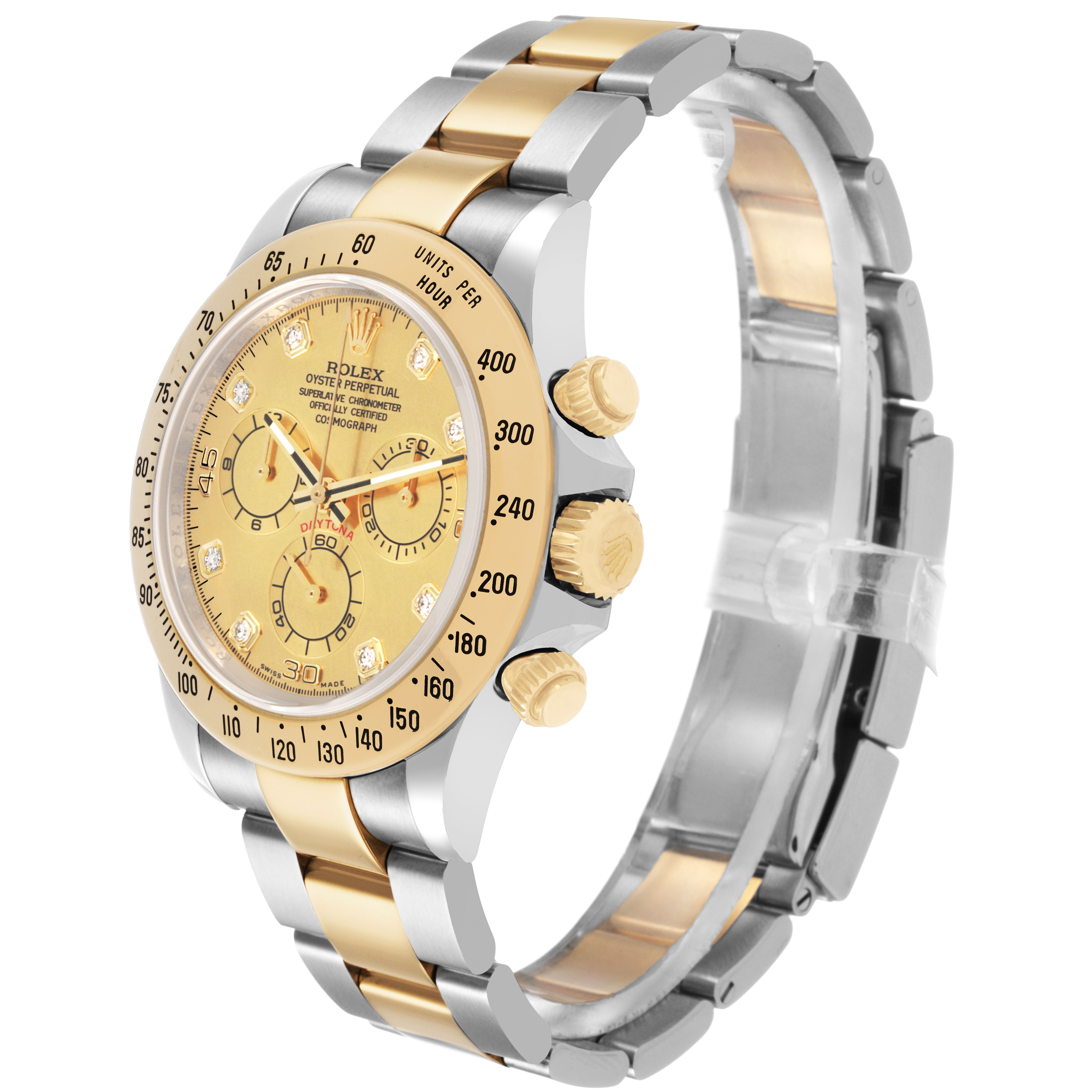 The Rolex Daytona 116523 Men's Steel and Gold (two tone) Champagne Dial watch is shown at an angle displaying its gold and silver bracelet, bezel, and side pushers.