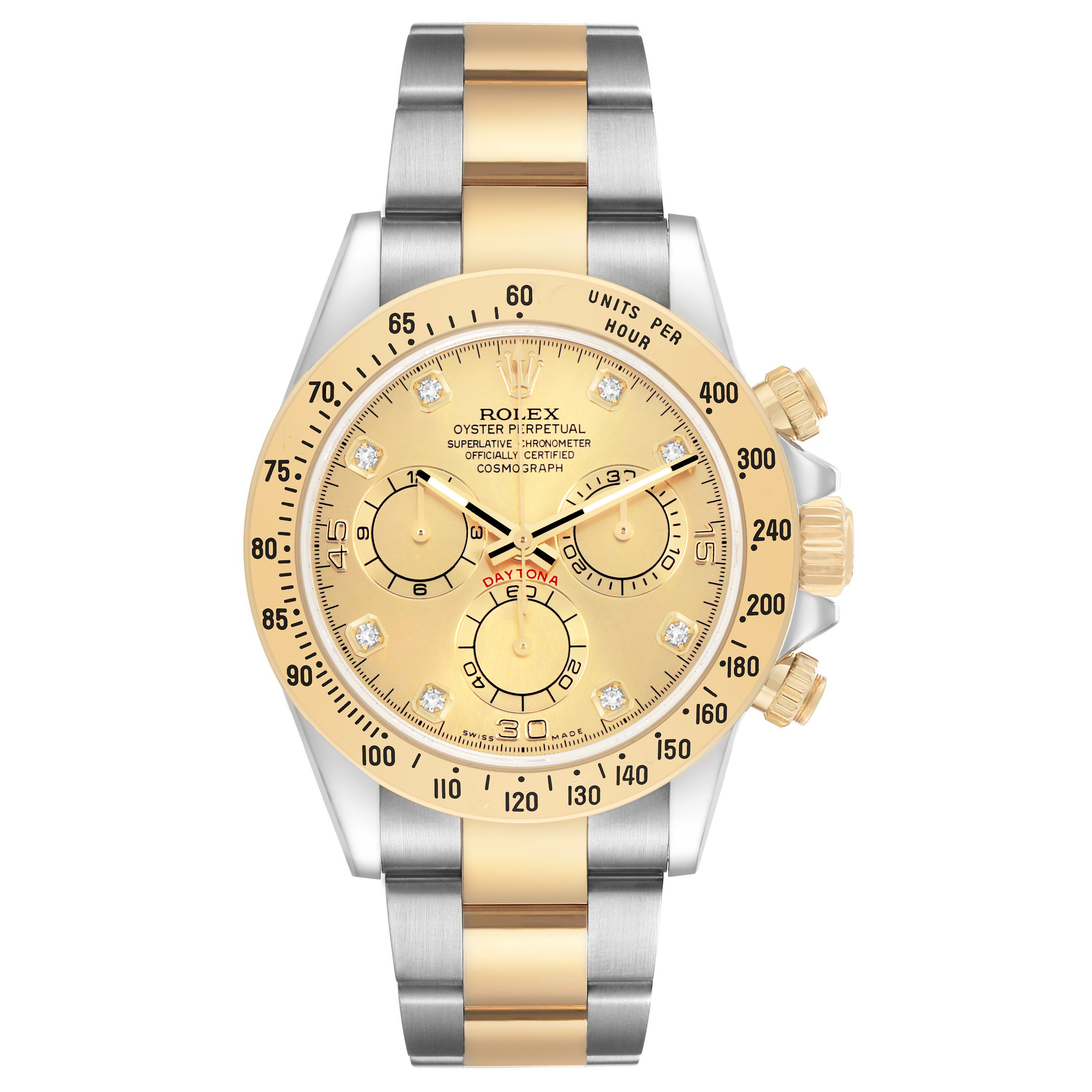 The Rolex Daytona 116523 Men's Steel and Gold (two tone) Champagne Dial watch is shown from the front, displaying the dial, bezel, bracelet, and chronograph sub-dials.