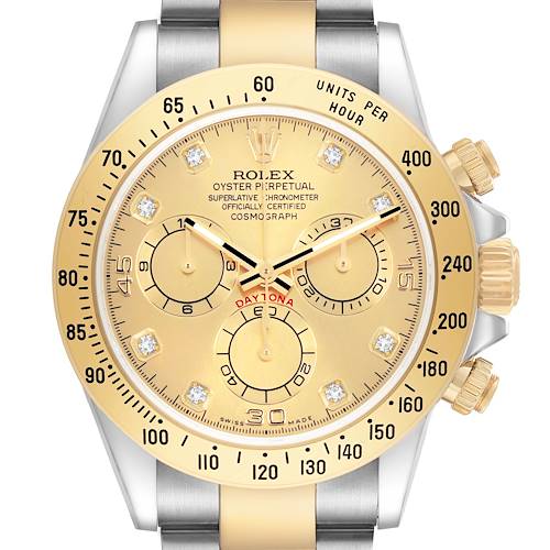 The image shows a front view of the Rolex Daytona 116523 Men's Steel and Gold (two tone) Champagne Dial, highlighting its gold dial, subdials, bezel, and diamond hour markers.