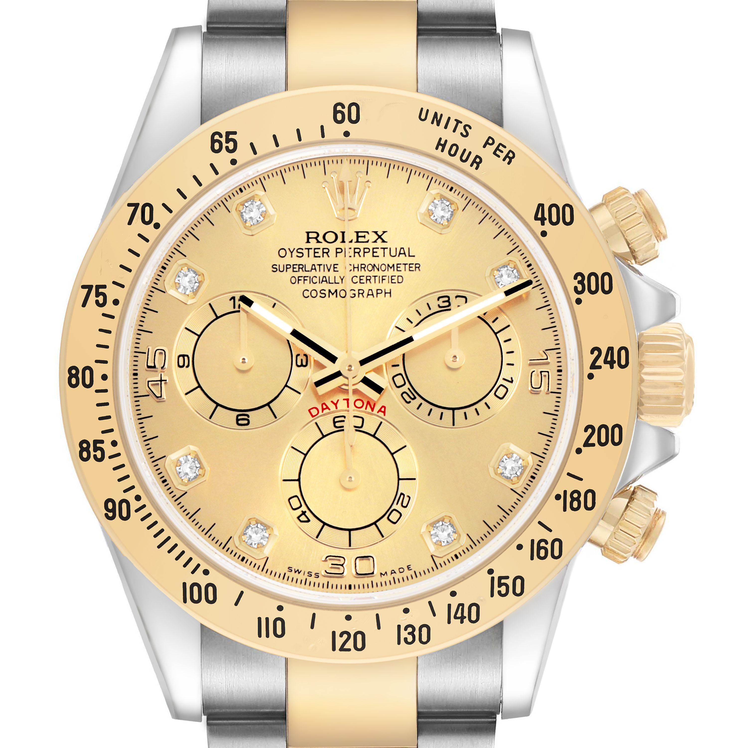 The Rolex Daytona 116523 Men's Steel and Gold (two tone) Champagne Dial watch is shown from the front, highlighting the dial and bezel, with visible subdials and pushers.