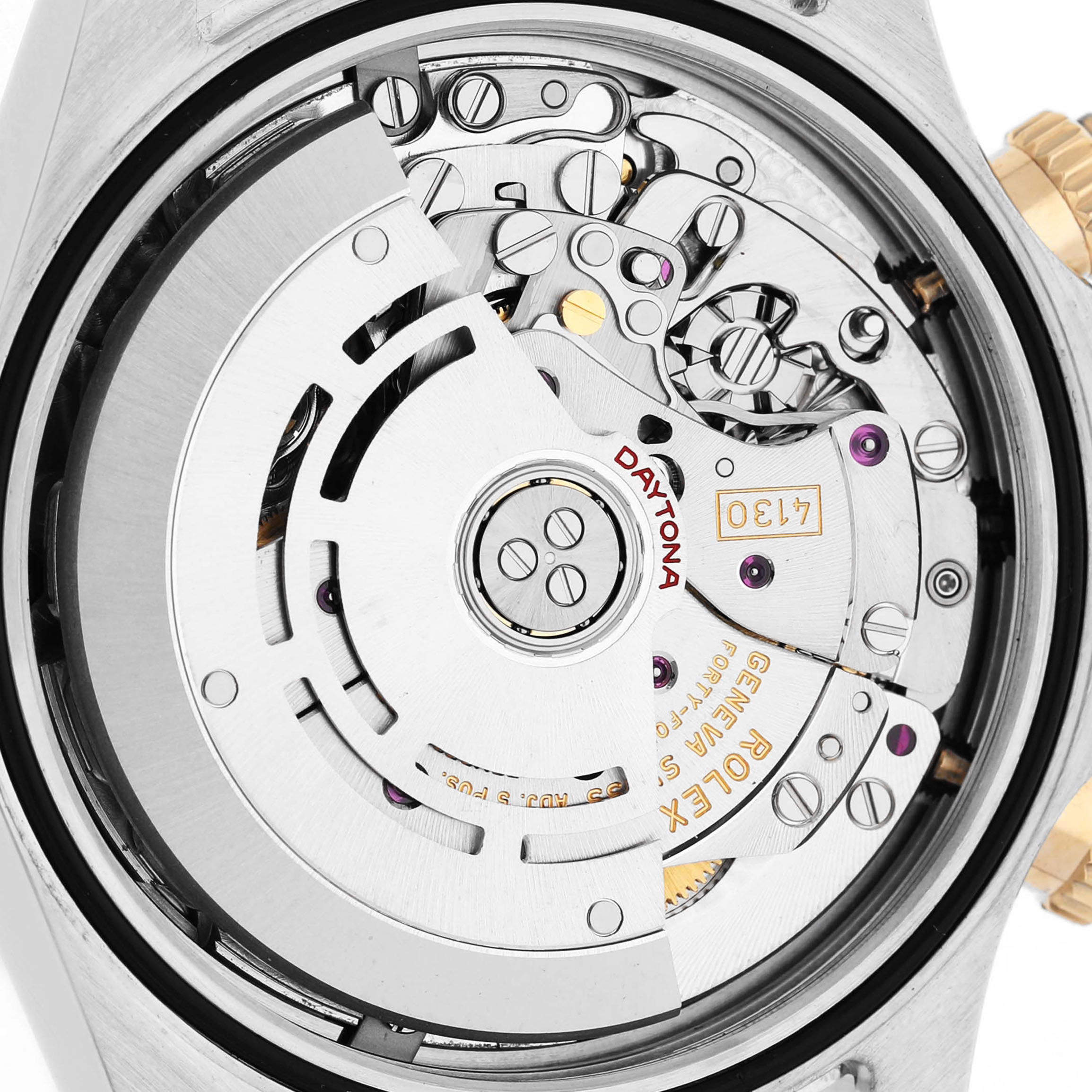 The image shows the movement mechanism of a Rolex Daytona 116523 Men's Steel and Gold (two tone) Champagne Dial watch from the back.