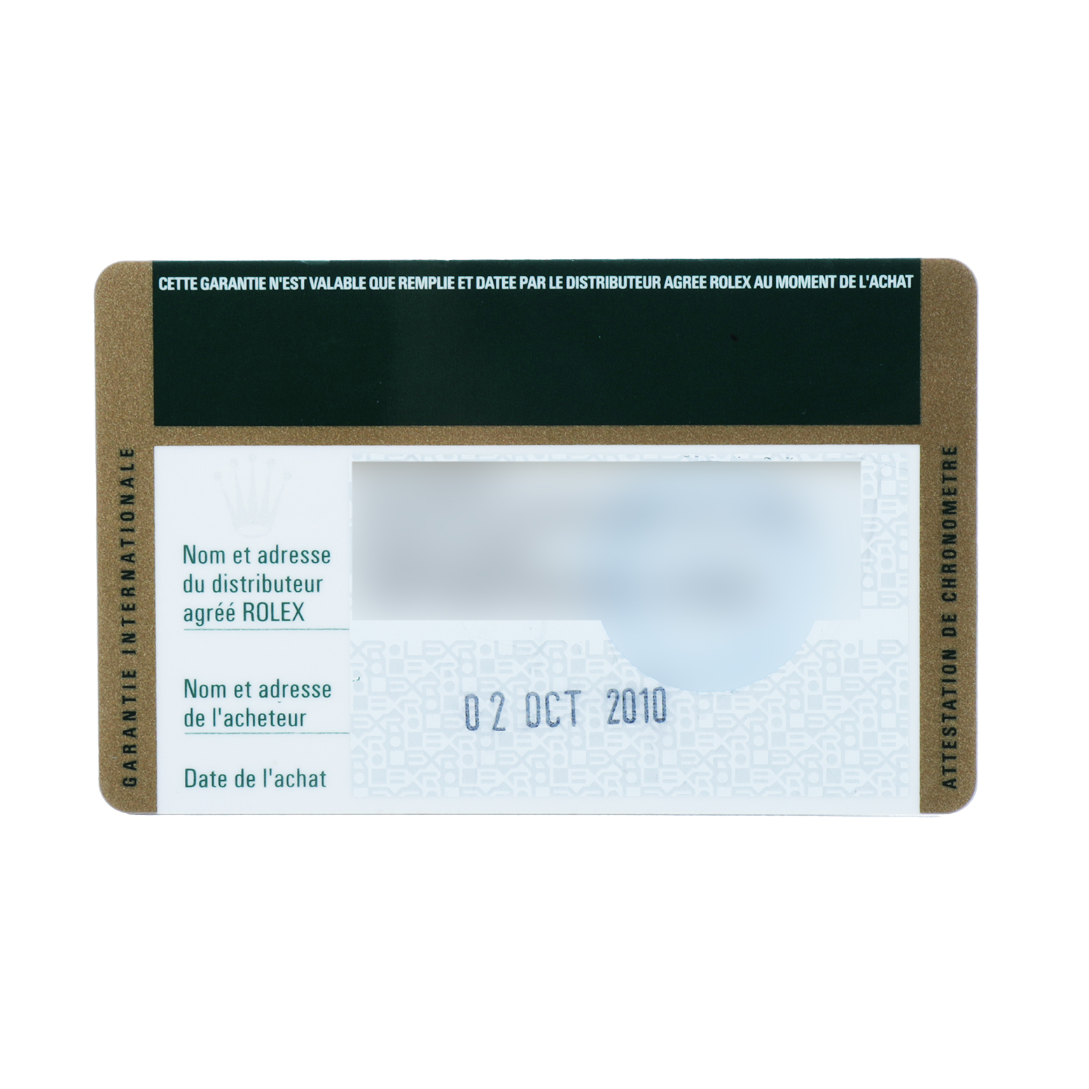 This image shows the warranty card for a Rolex Daytona 116523 Men's Steel and Gold (two tone) Champagne Dial, featuring details like purchase date and distributor information.
