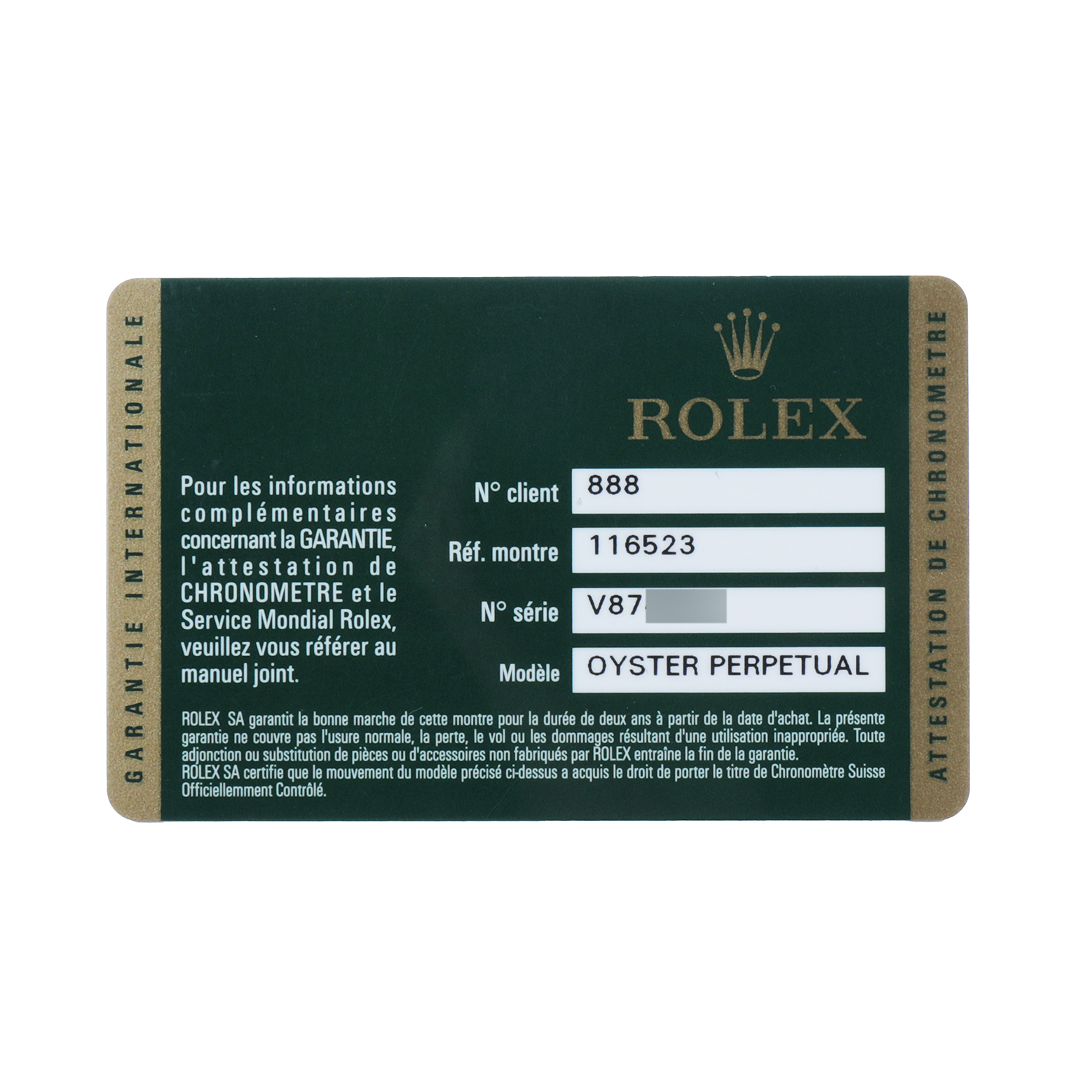This image shows a Rolex Daytona 116523 Men's Steel and Gold (two tone) Champagne Dial model warranty card with details like reference and serial numbers.