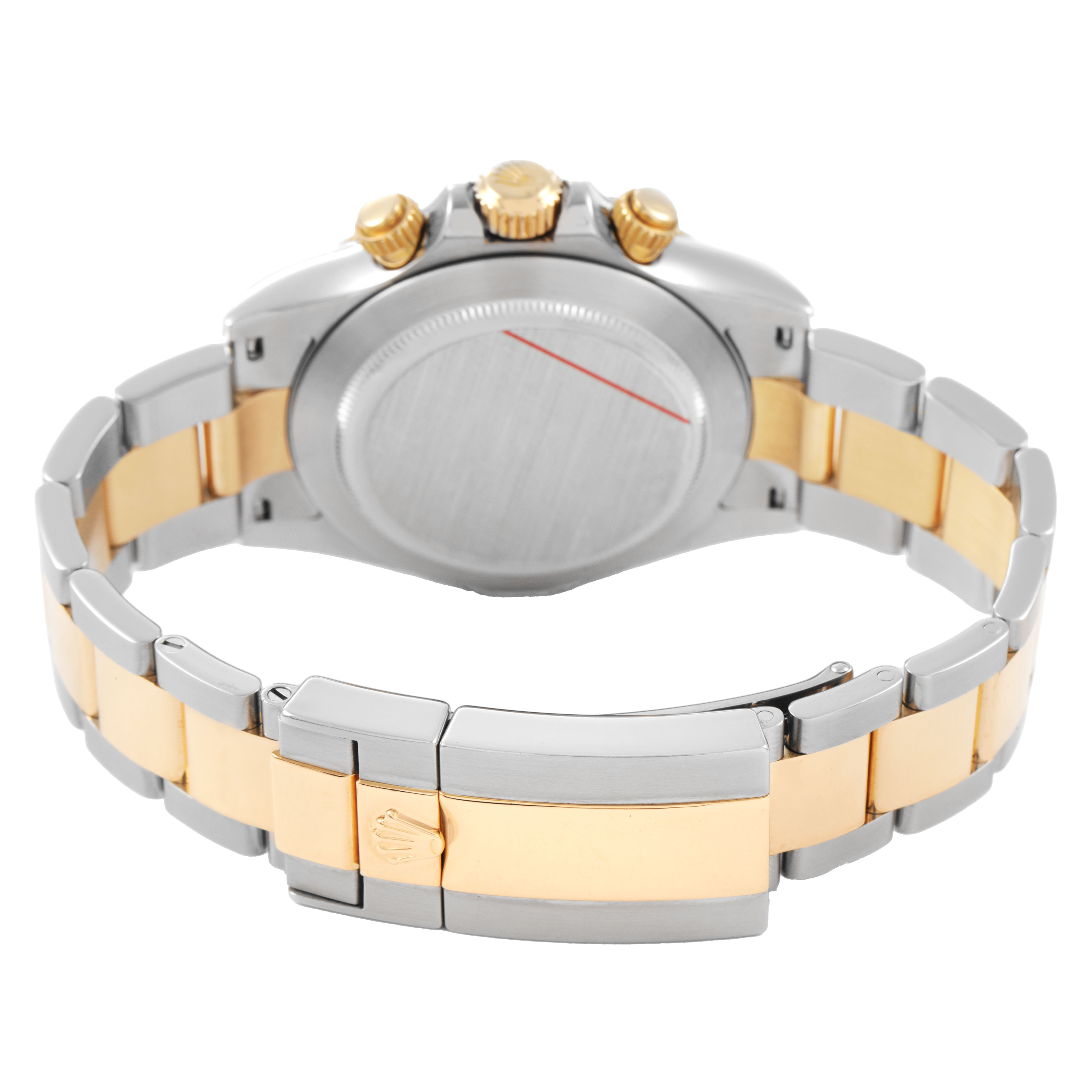 The image shows the back and clasp of a Rolex Daytona 116523 Men's Steel and Gold (two tone) Champagne Dial watch, highlighting its two-tone bracelet and case back.