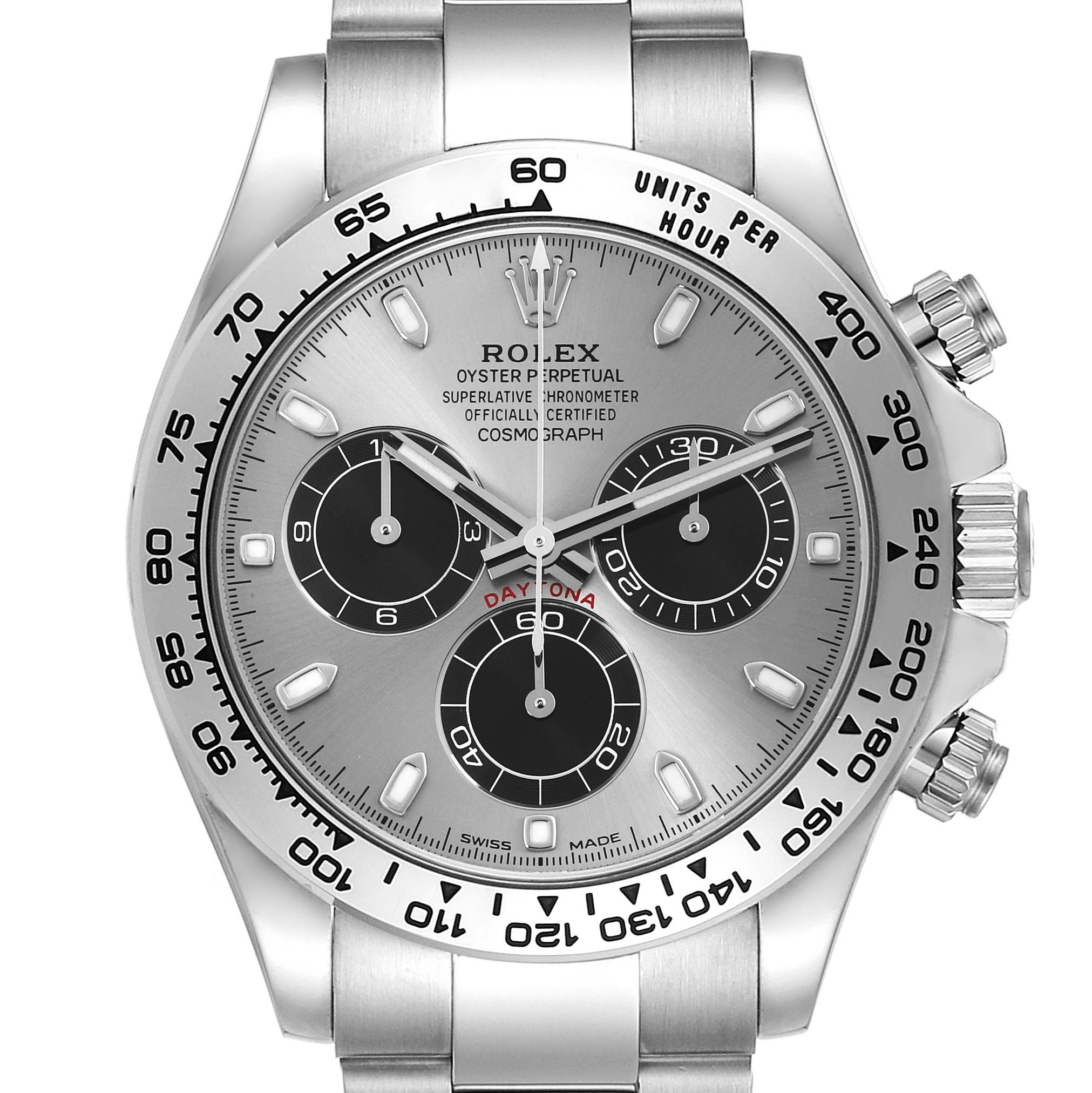 The Rolex Daytona 116509 Men's White Gold Grey Dial watch is shown from the front, displaying the dial, subdials, bezel, and crown.