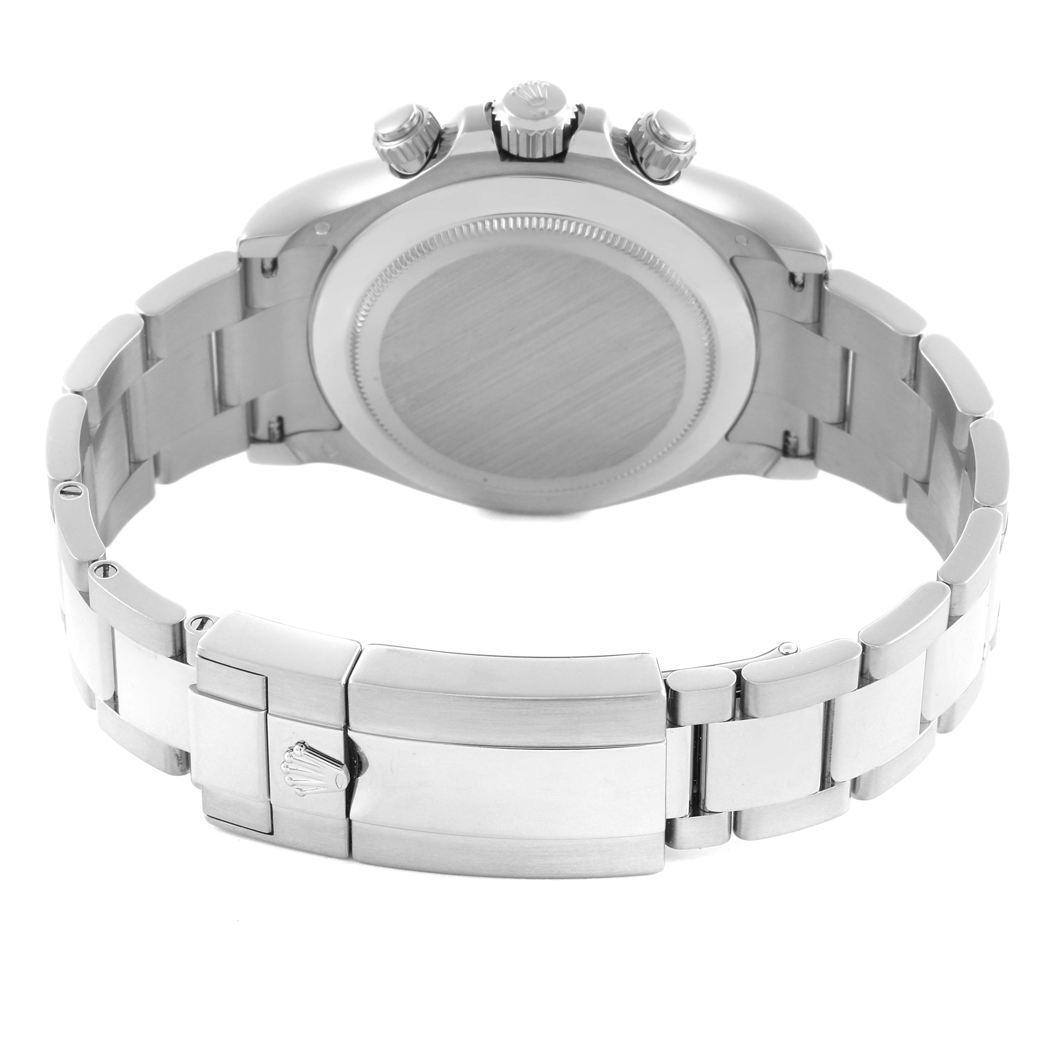 The image shows the back view of a Rolex Daytona 116509 Men's White Gold Grey Dial watch, highlighting the bracelet, clasp, case back, and crown.