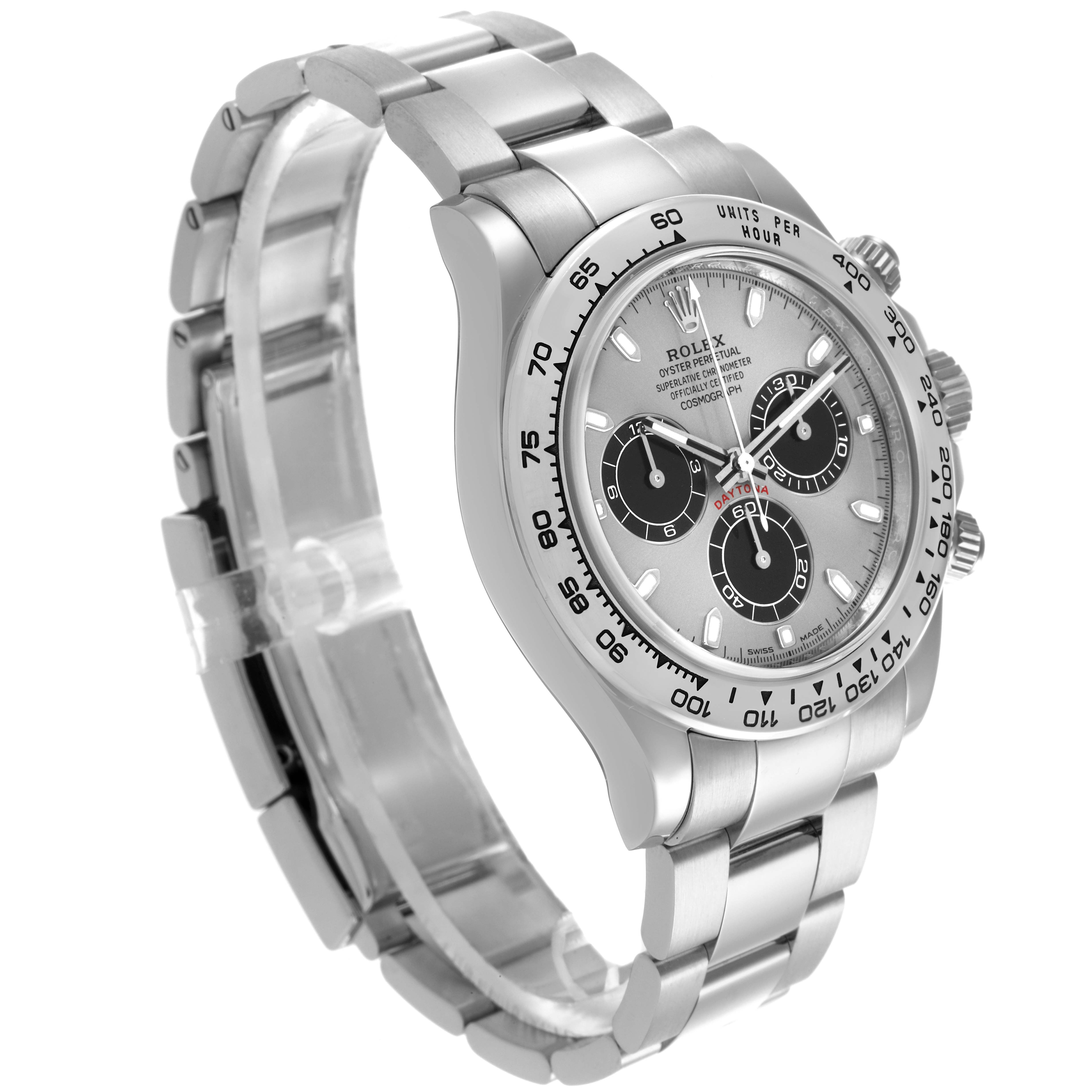 The Rolex Daytona 116509 Men's White Gold Grey Dial watch is shown at a three-quarter angle, highlighting the bezel, dial, and bracelet.