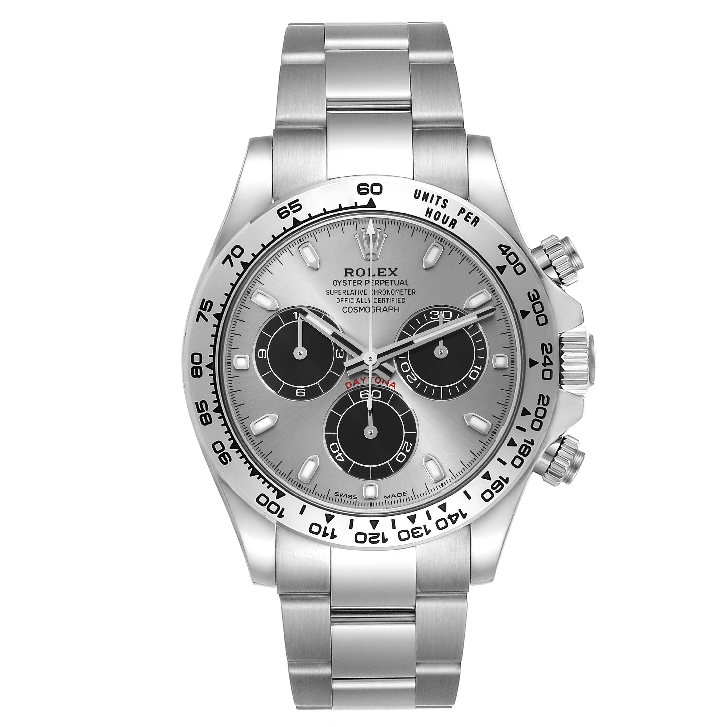 The Rolex Daytona 116509 Men's White Gold Grey Dial watch is shown from the front, highlighting the face, bezel, crown, and bracelet.
