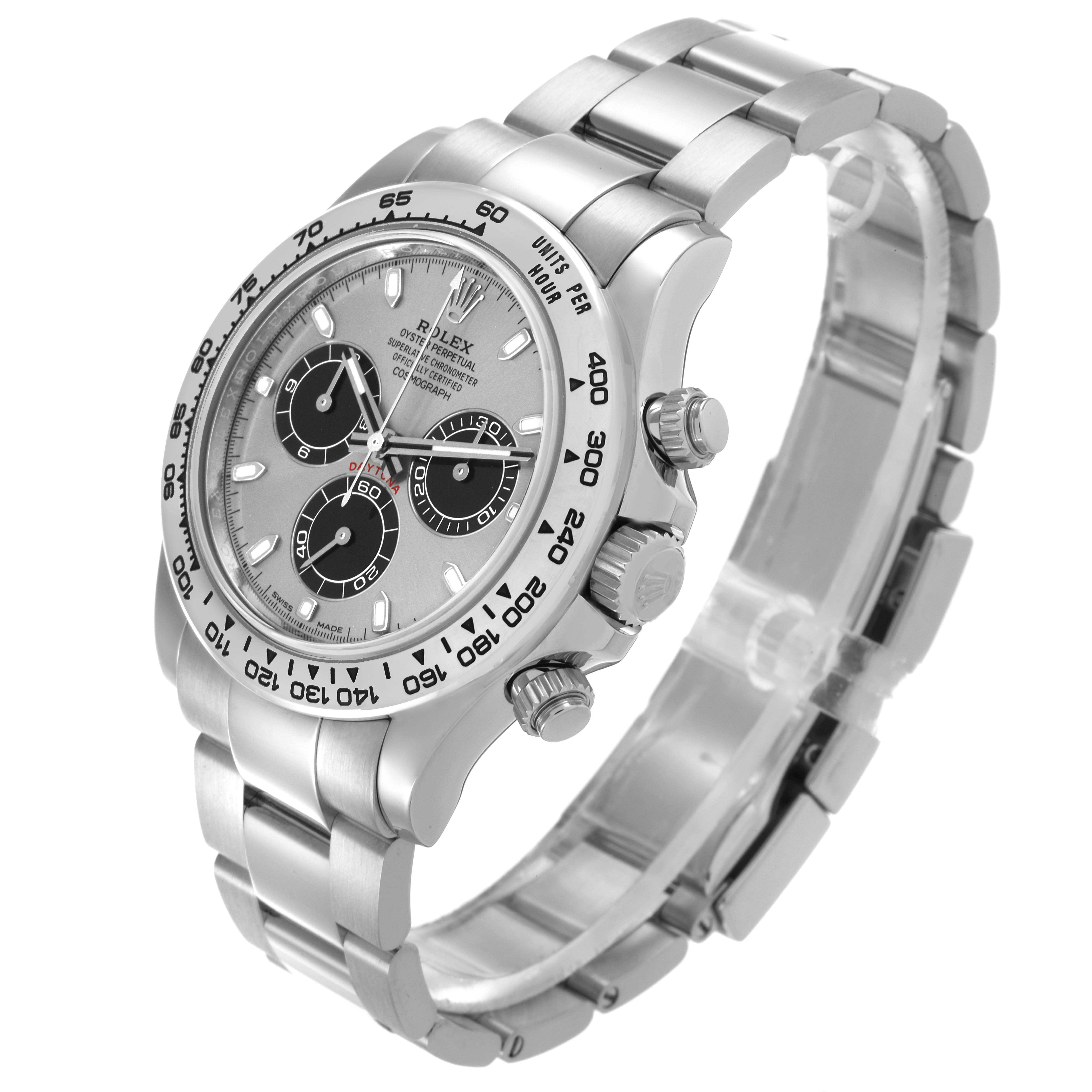 The image shows a Rolex Daytona 116509 Men's White Gold Grey Dial watch at a three-quarter angle, highlighting the face, bezel, crown, and bracelet.
