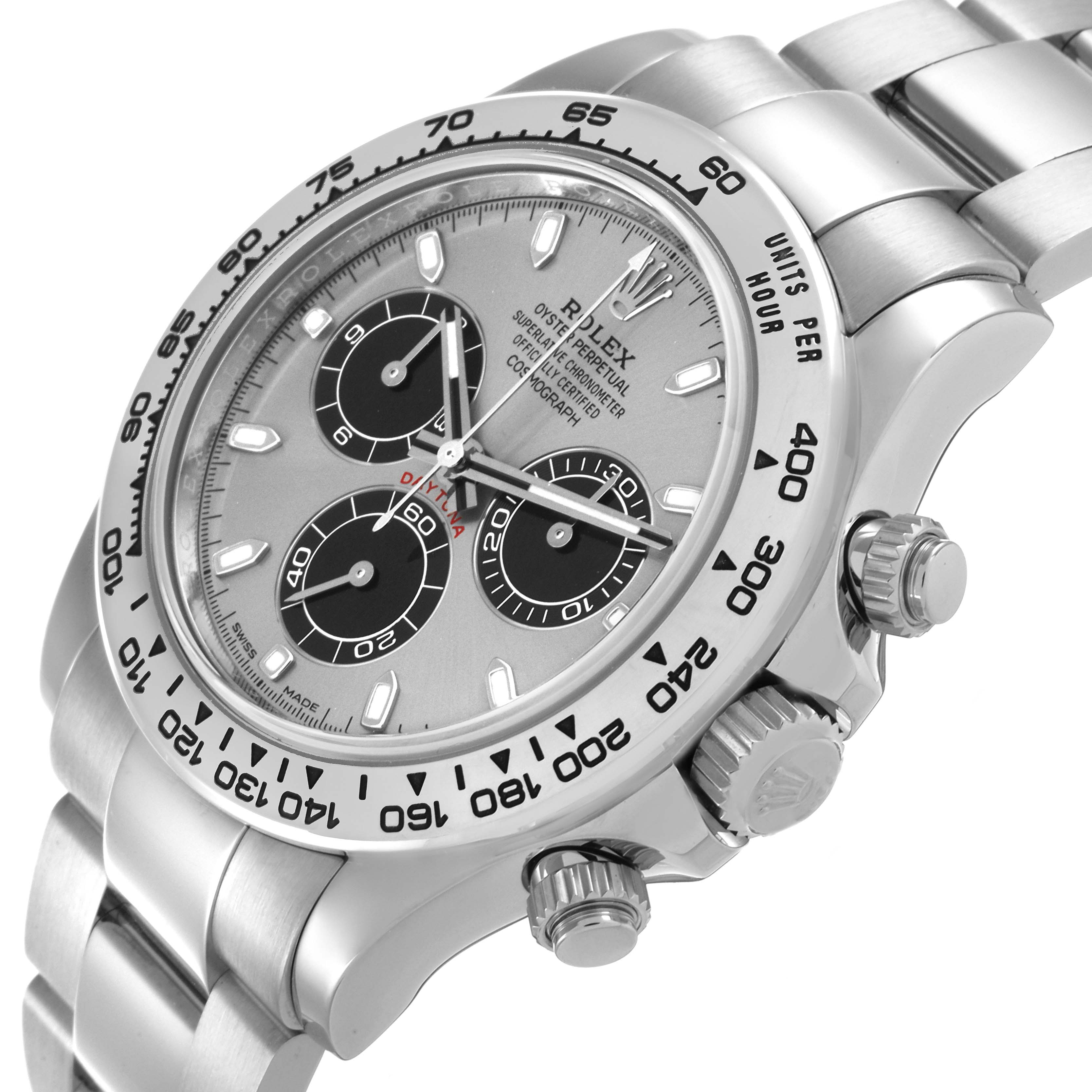 The Rolex Daytona 116509 Men's White Gold Grey Dial watch is shown at an angled side view, highlighting the face, chronograph dials, and crown.