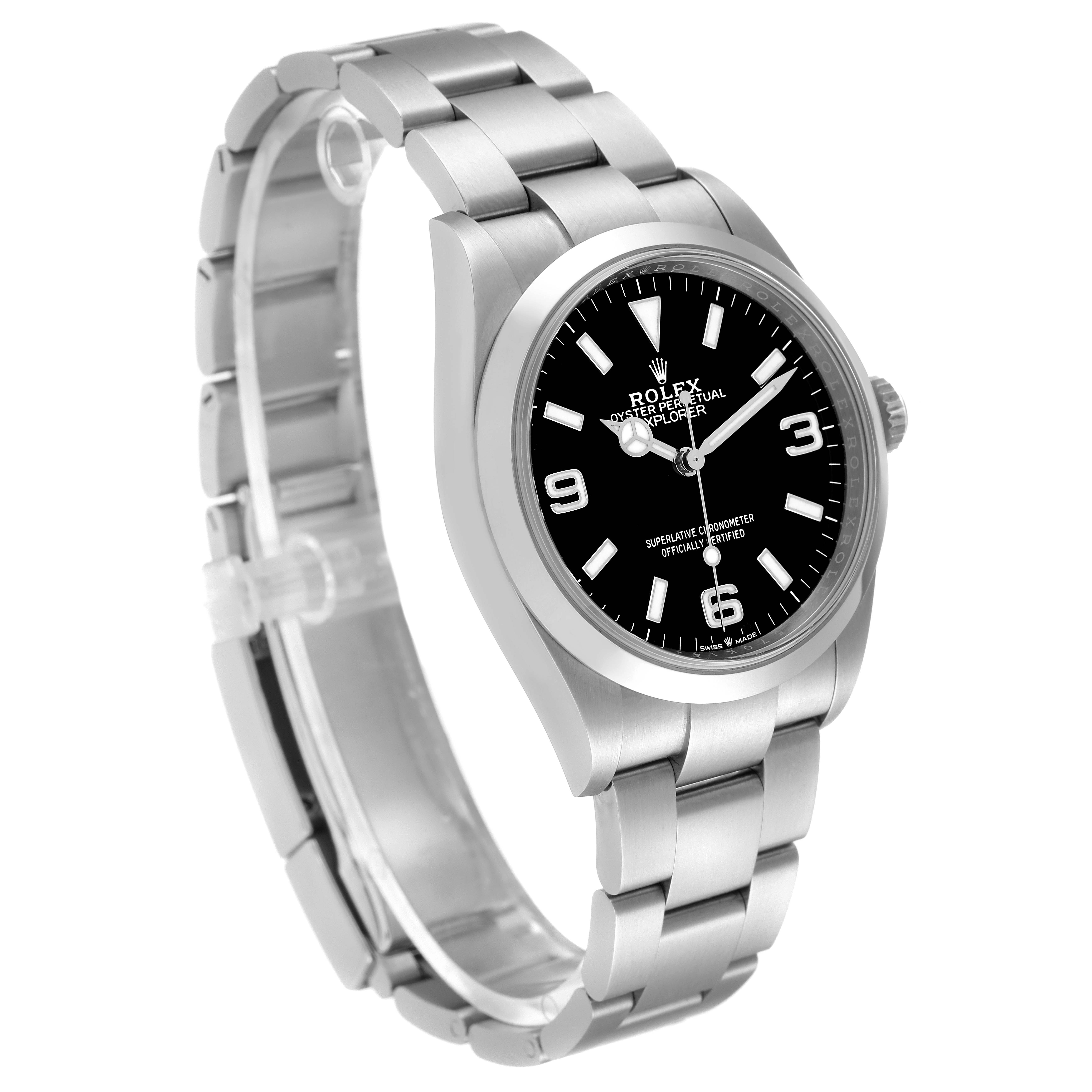 This image shows a side angle of the Rolex Explorer 124270 Men
s Stainless Steel Black Dial 124270 Men
s Stainless Steel Black Dial watch, highlighting its bracelet, dial, and bezel.