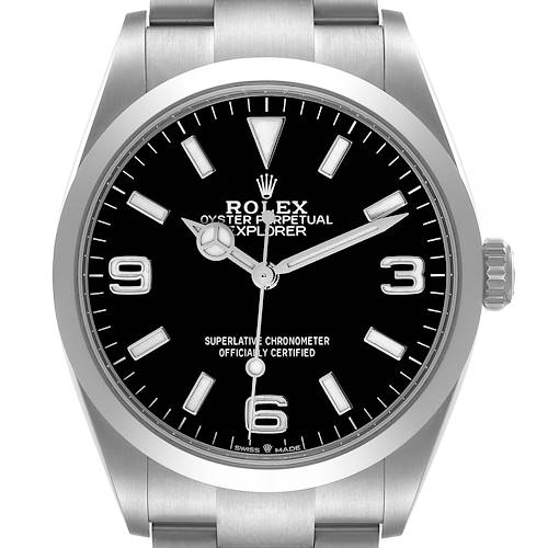 Photo of Rolex Explorer I Black Dial Stainless Steel Mens Watch 124270 Box Card