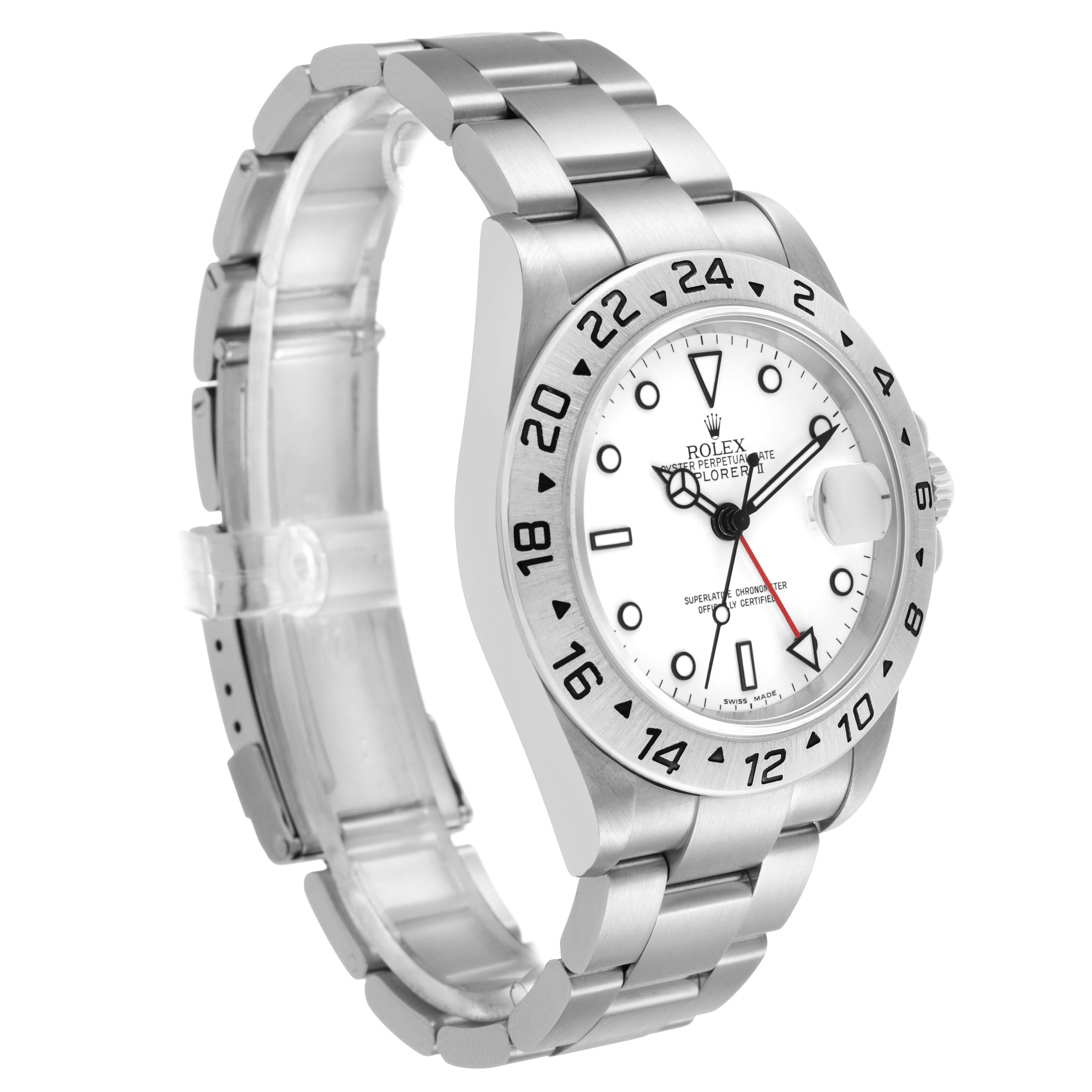 The Rolex Explorer 16570 Men's Stainless Steel White Dial watch is shown at a three-quarter angle, highlighting the face, bezel, and metal bracelet.