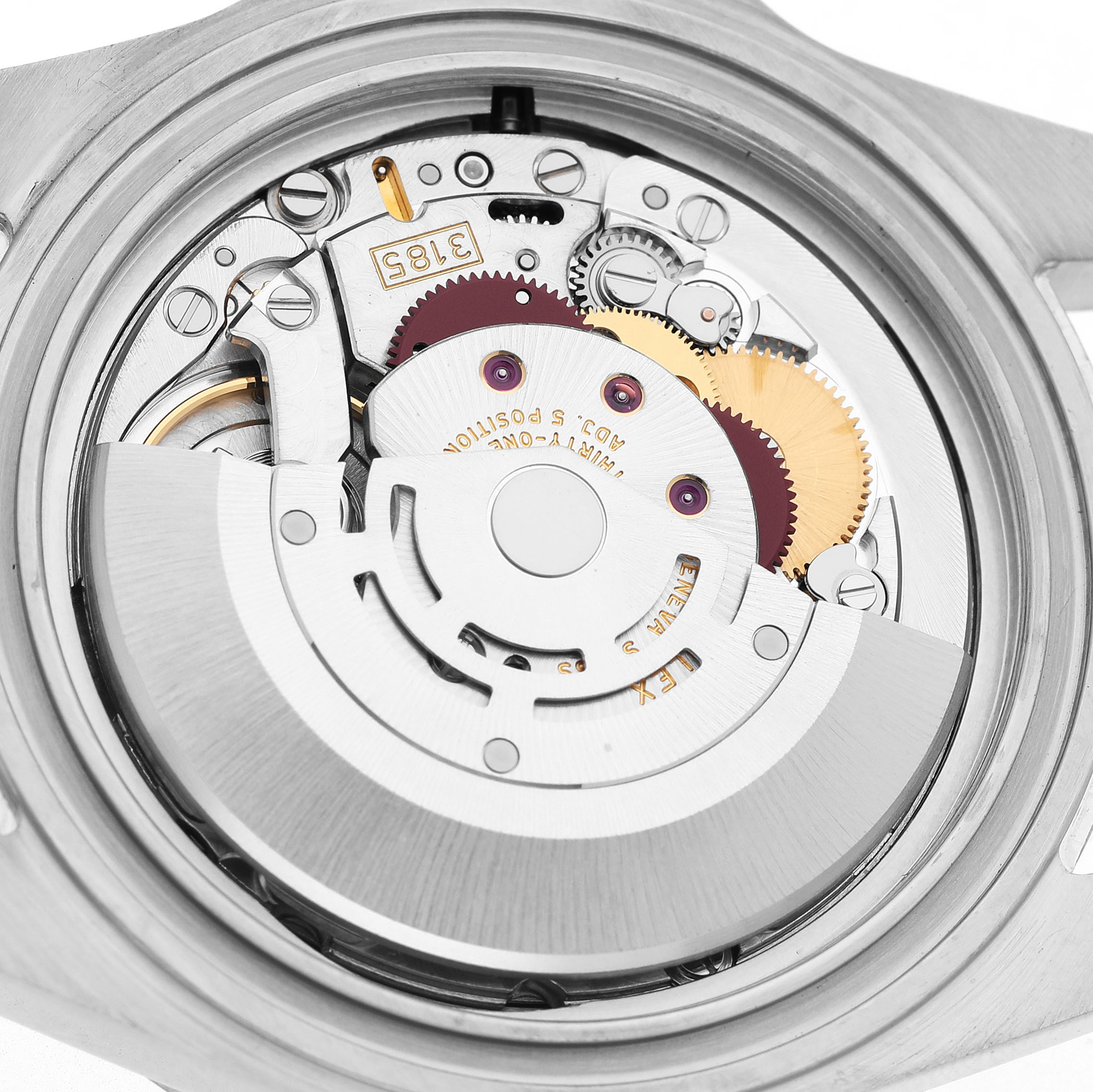 The image shows the internal mechanism of a Rolex Explorer 16570 Men's Stainless Steel White Dial watch from a back angle, highlighting gears and movement parts.