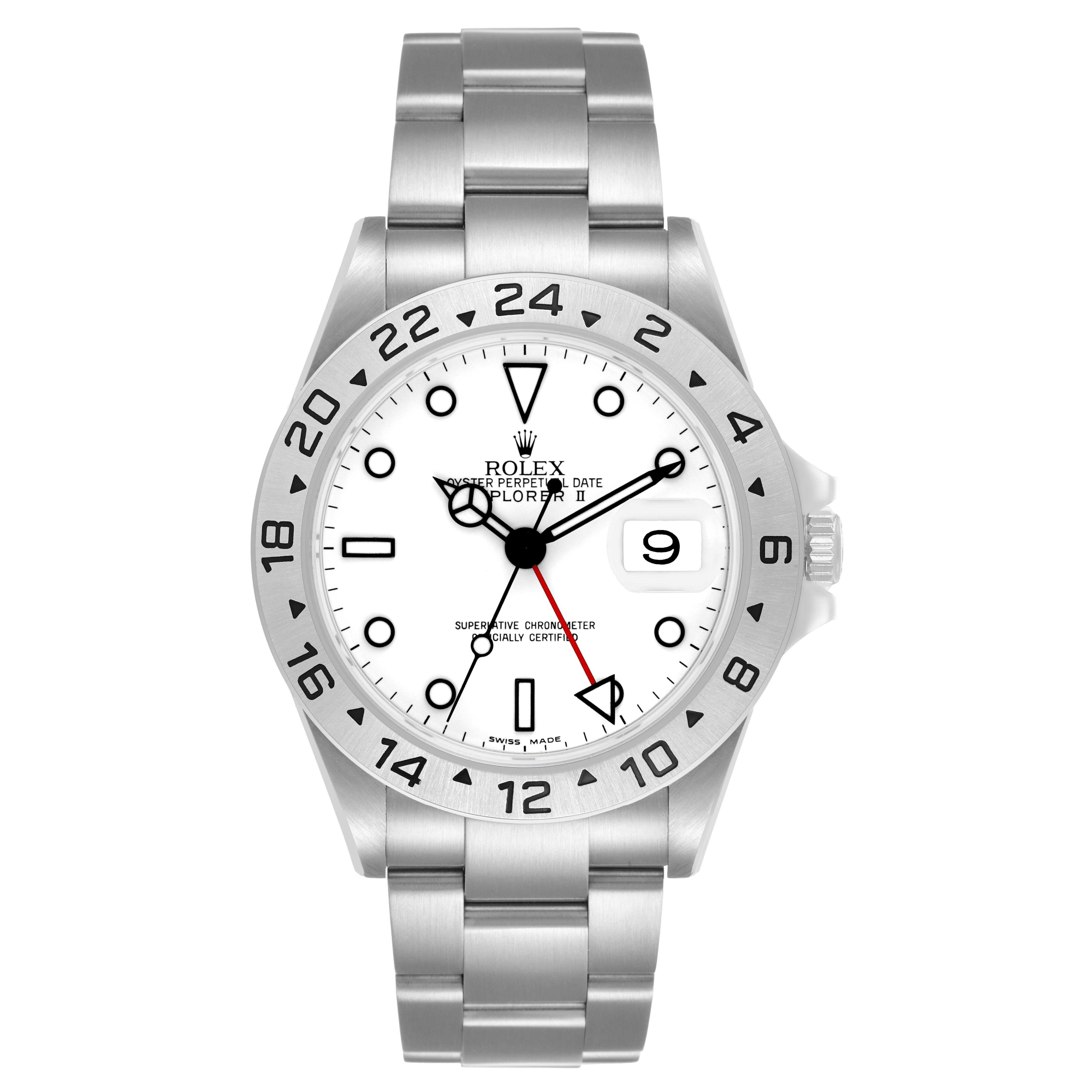 The Rolex Explorer 16570 Men's Stainless Steel White Dial watch is shown from a front view displaying the face, bezel, and part of the bracelet.