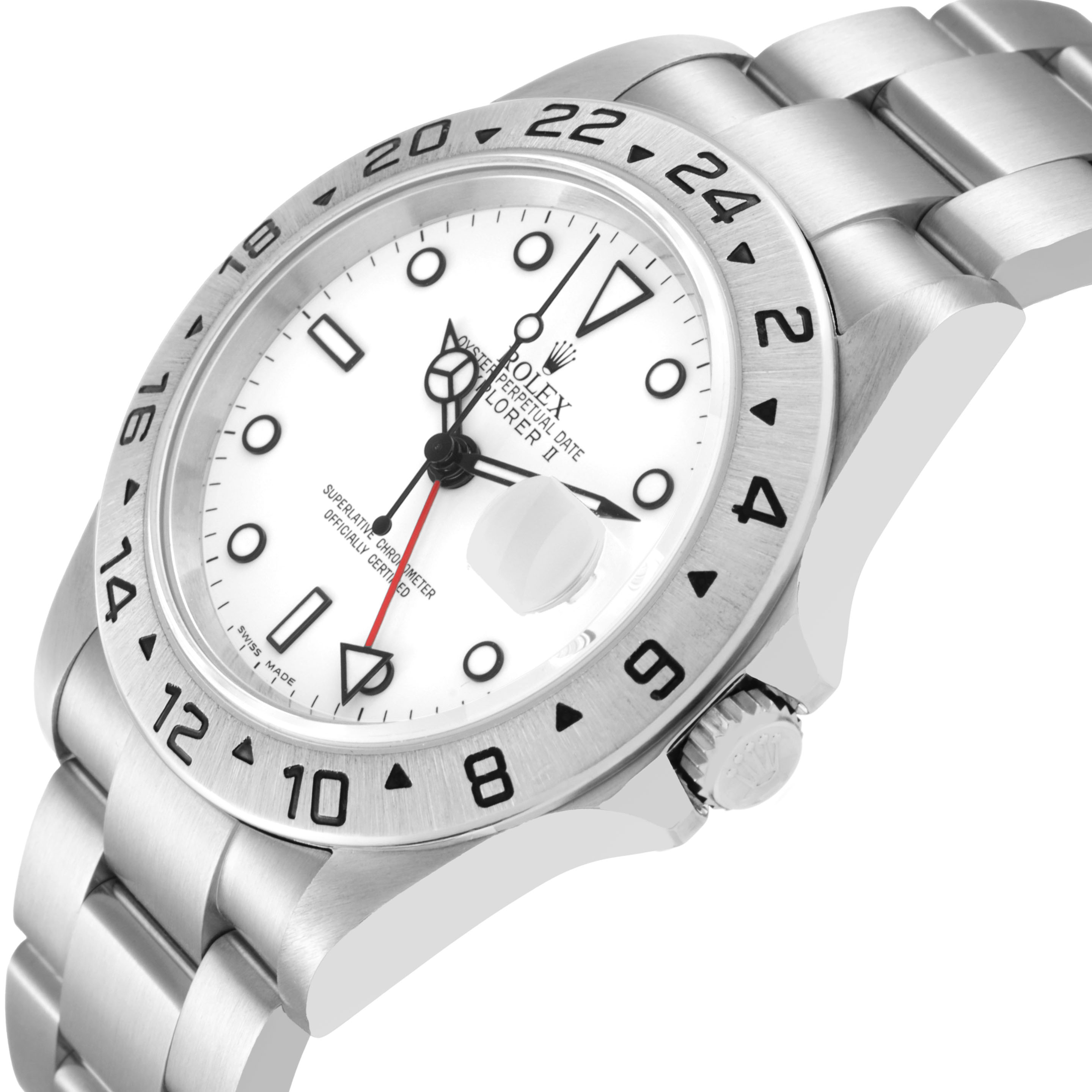 The Rolex Explorer 16570 Men's Stainless Steel White Dial watch is shown at a tilted angle, highlighting its white dial, bezel, hands, and bracelet.
