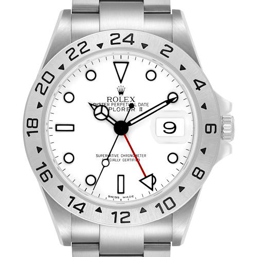 The image shows the Rolex Explorer 16570 Men's Stainless Steel White Dial II watch face at a straight angle, highlighting the bezel, dial, and hands, including the date window.