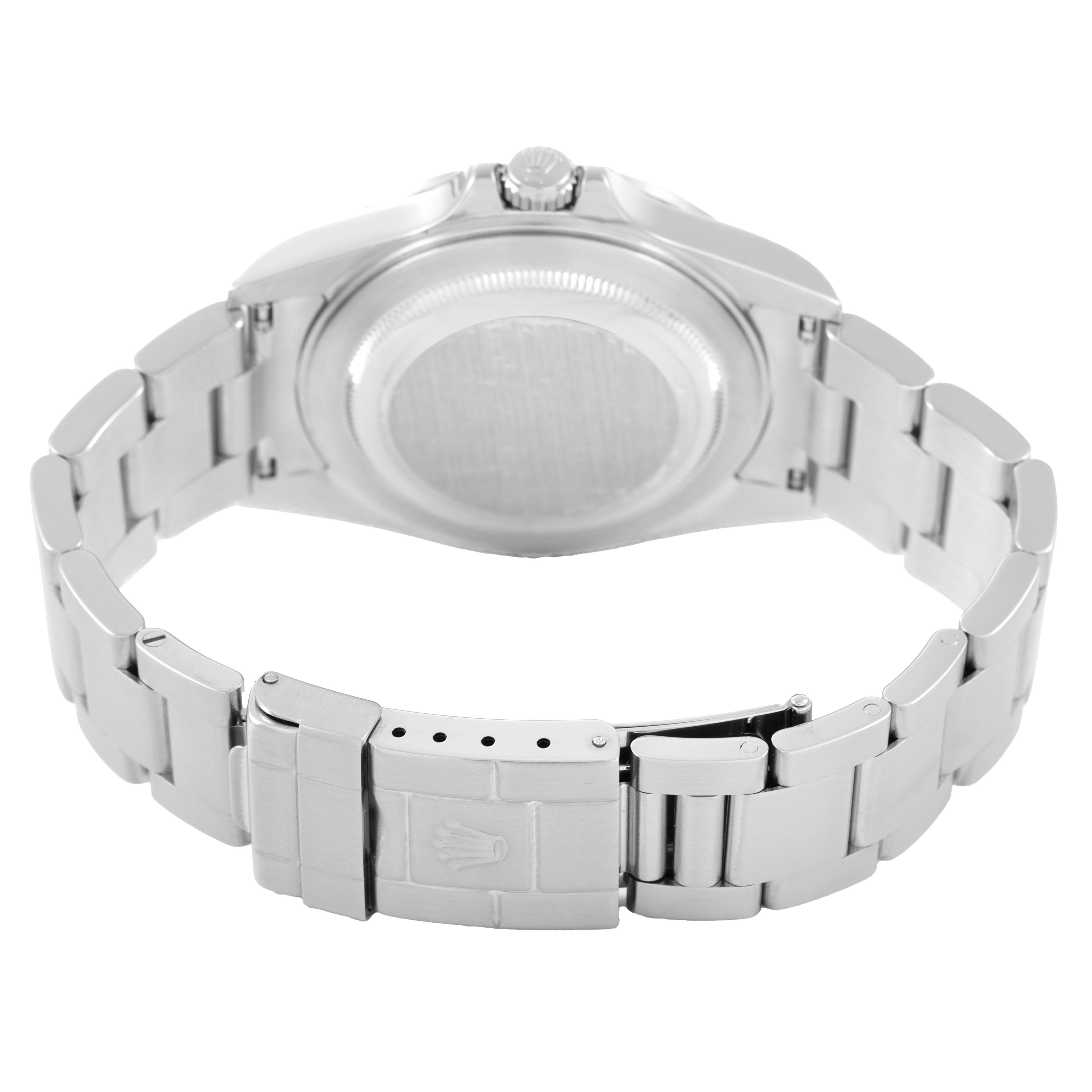 This image shows the back and bracelet clasp of the Rolex Explorer 16570 Men's Stainless Steel White Dial watch from a rear angle.